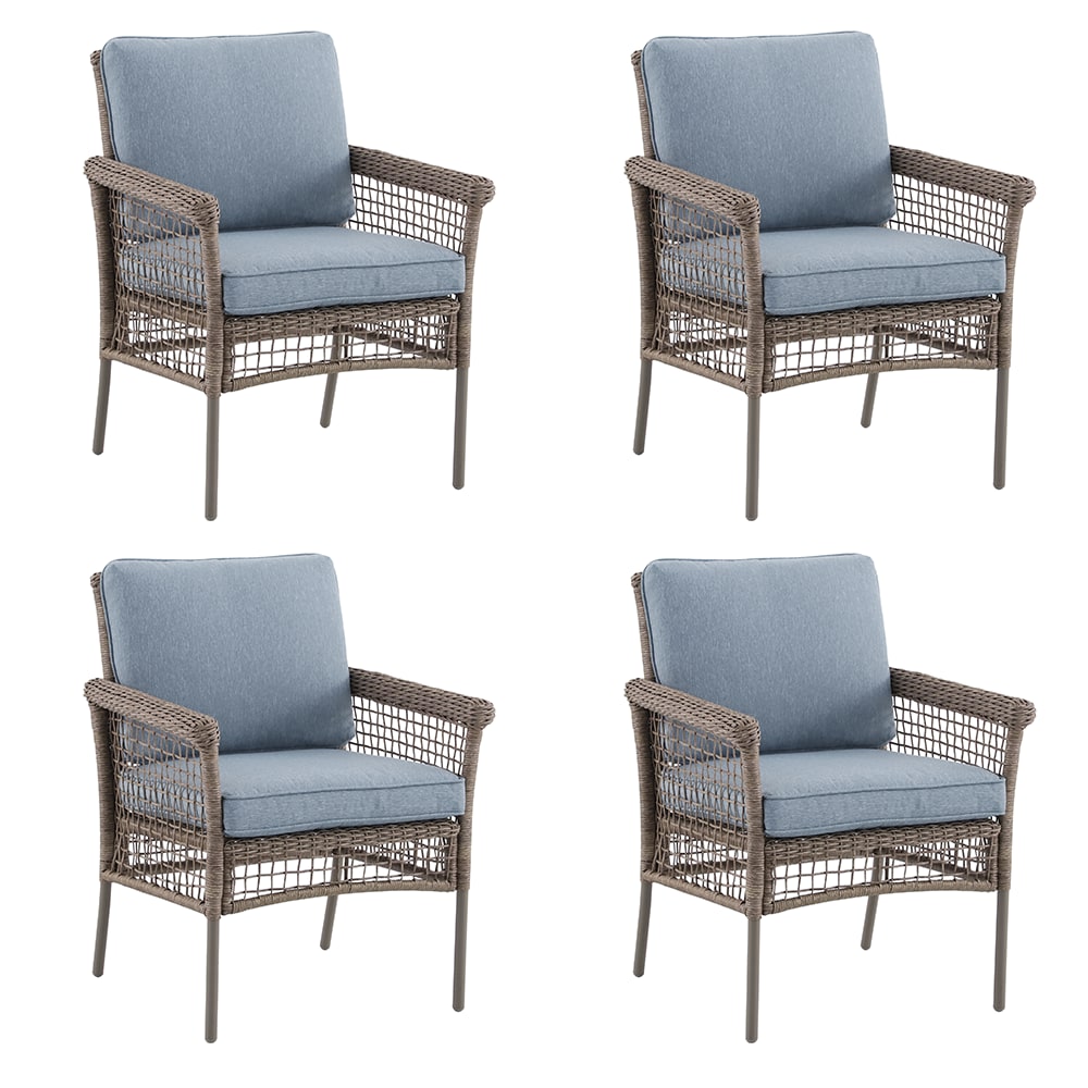 allen + roth FRS81537-1 Ivy Meadows Set of 4 Woven Tan Metal Frame Stationary Dining Chair with Light blue Cushioned Seat