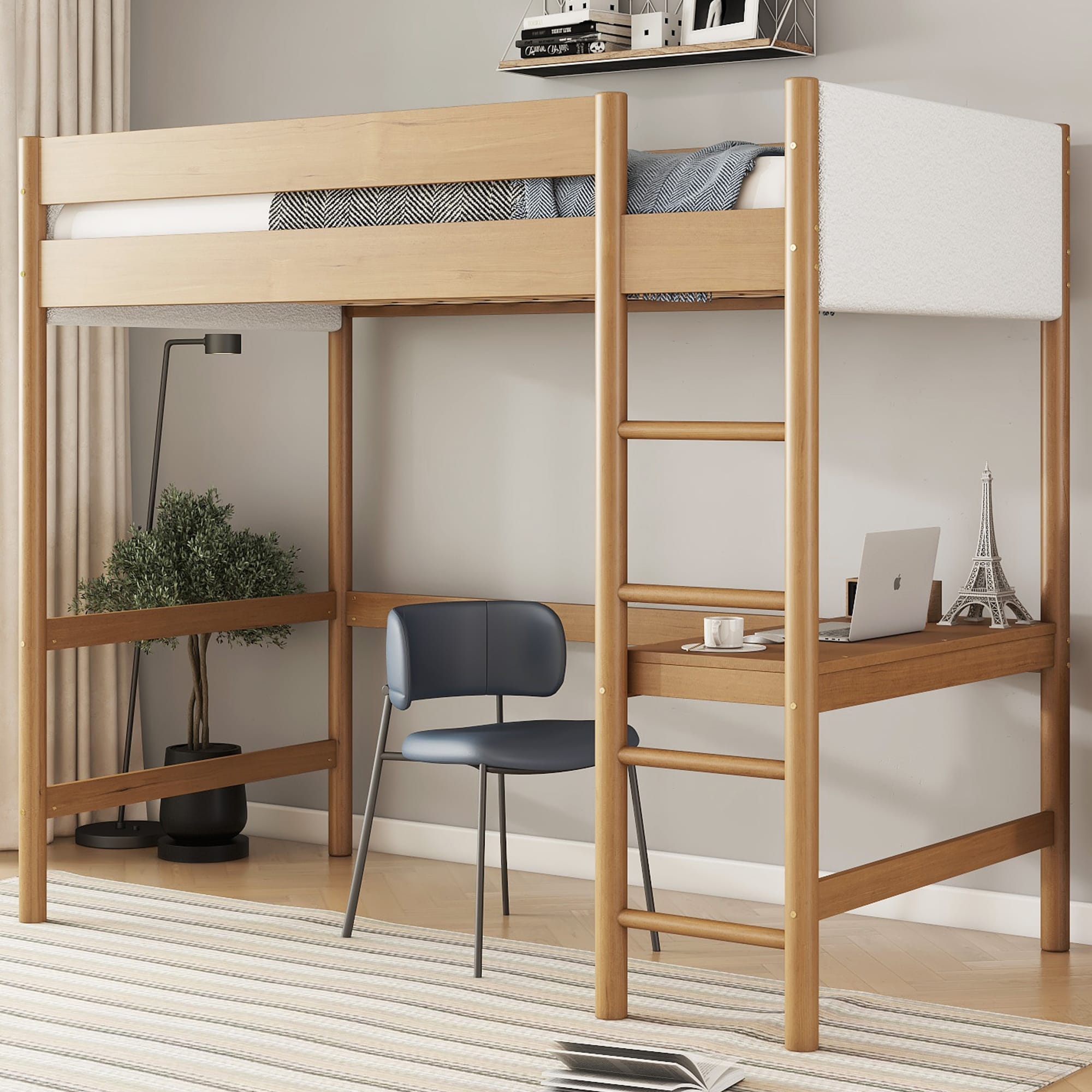 LOVMOR SF-Y-W504S00183 Twin Size Loft Bed with Desk Boucle Upholstered Headboard and Footboard  with Ladder Safety Guardrails  Rubber Wooden Loft Bed Natural
