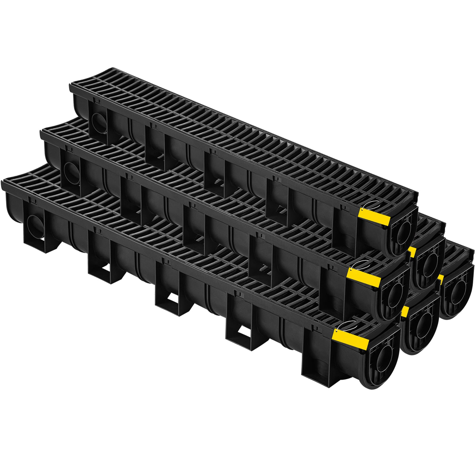 VEVOR Trench Drain System  Channel Drain with Plastic Grate  5.9x5.1 Inch HDPE Drainage Trench  Black Plastic Garage Floor Drain  6x39 Trench Drain Grate  with 6 End Caps  for Garden  Driveway 6 Pack