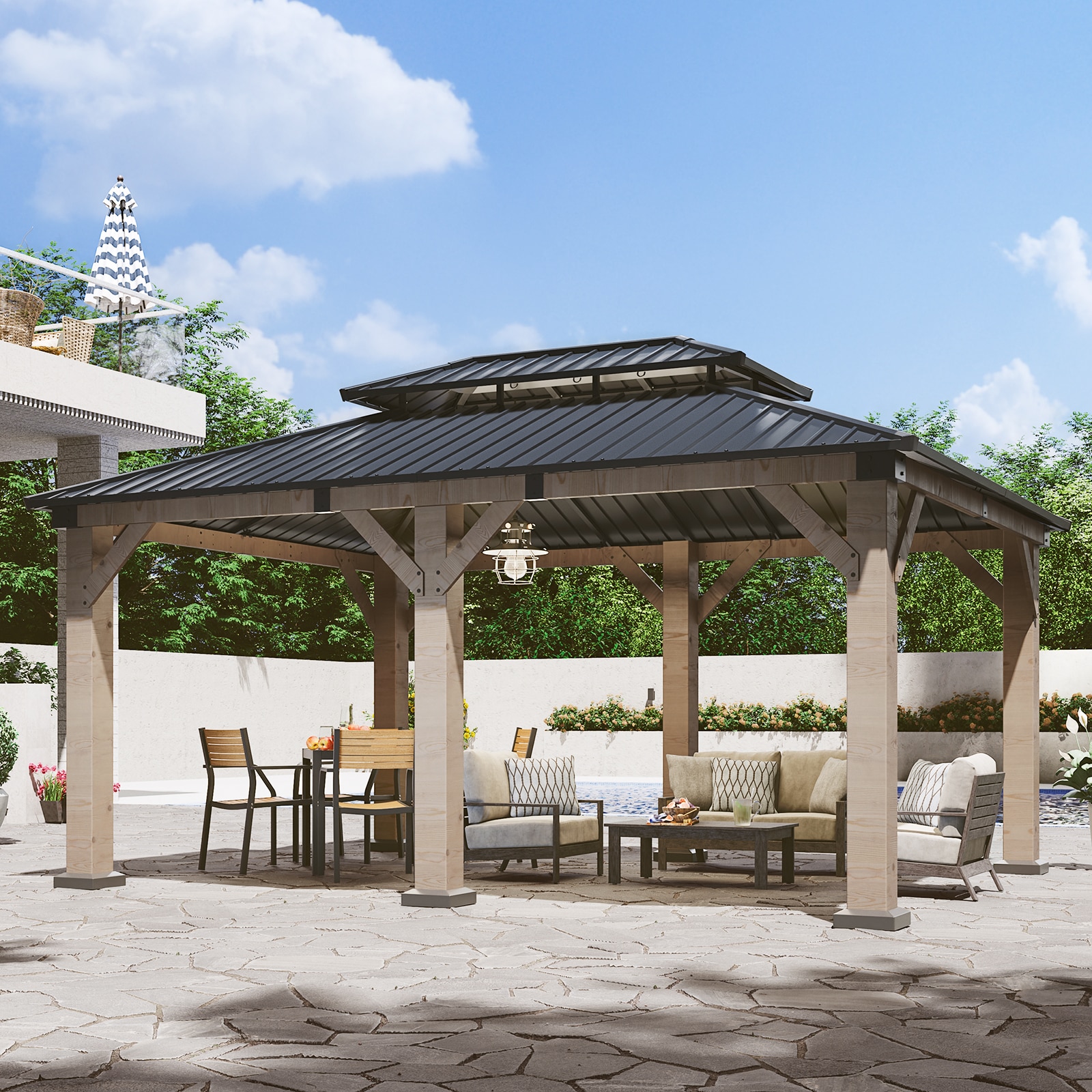 AOXUN AX-406L27 16-ft x 12-ft Outdoor Gazebos Brown Gazebo with Hardtop Roof