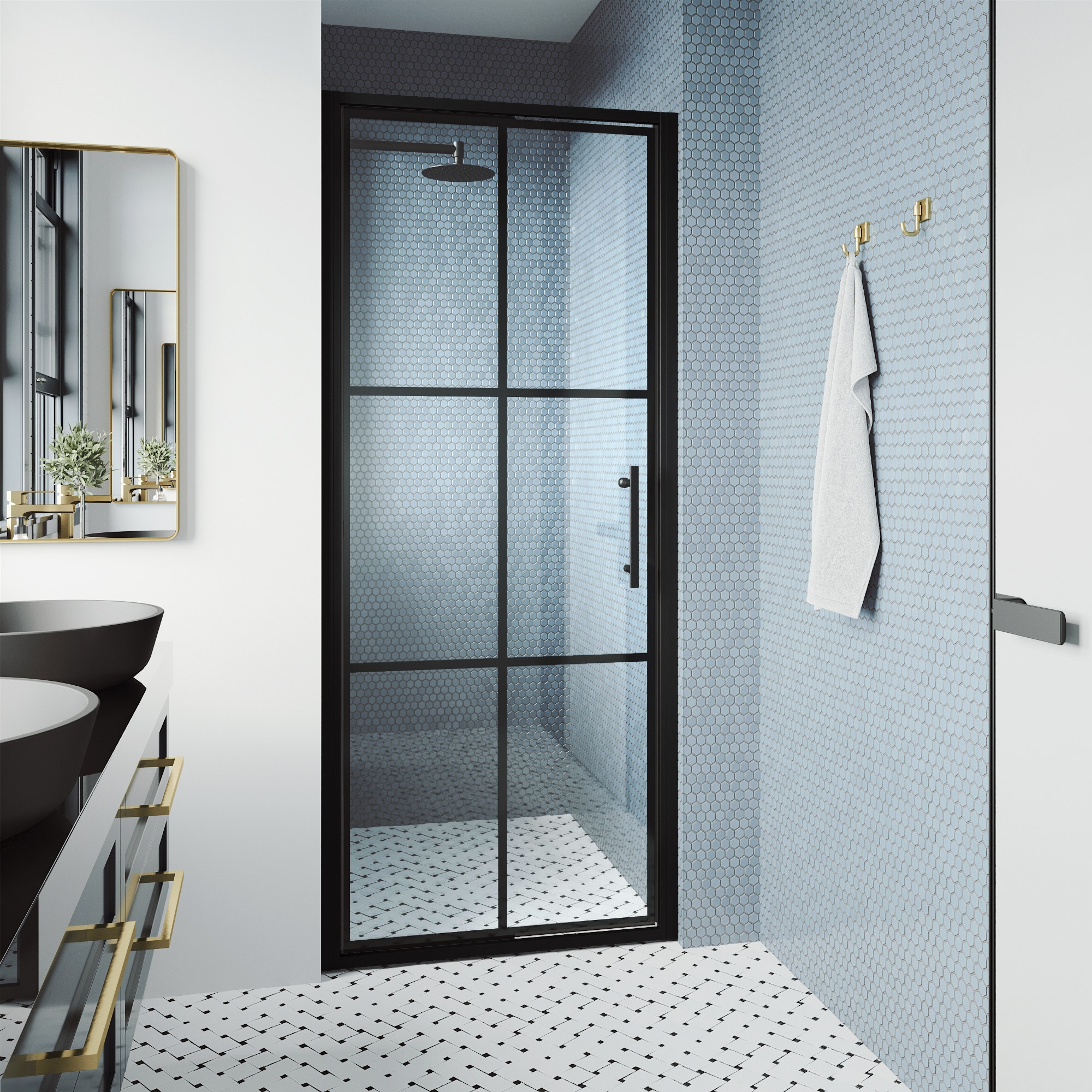 VIGO VG6079MBGCL3276 Astoria Matte Black Grid 32-in W x 75-in H Framed Pivot Shower door 5/16-in Thick Clear Glass
