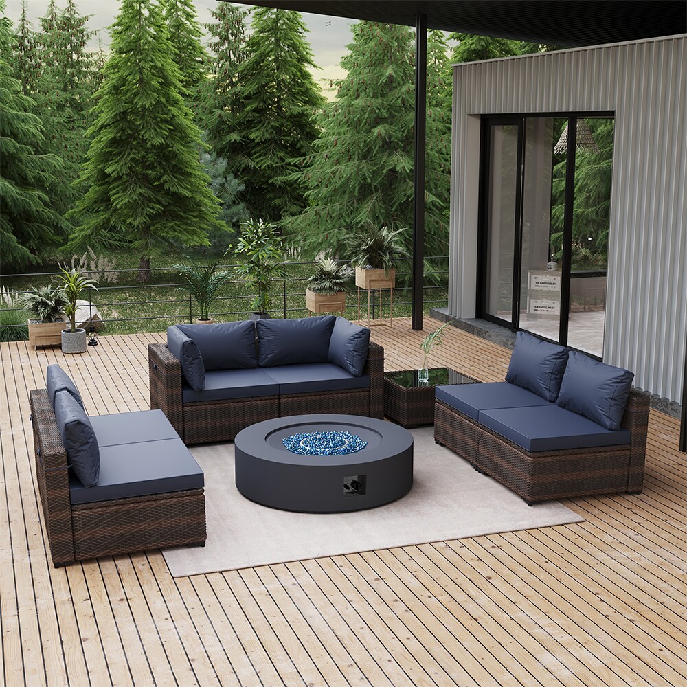 Patio Watcher SF123-N42DK 8 -Piece Wicker Patio Sofa Conversation Set with Blue Cushions