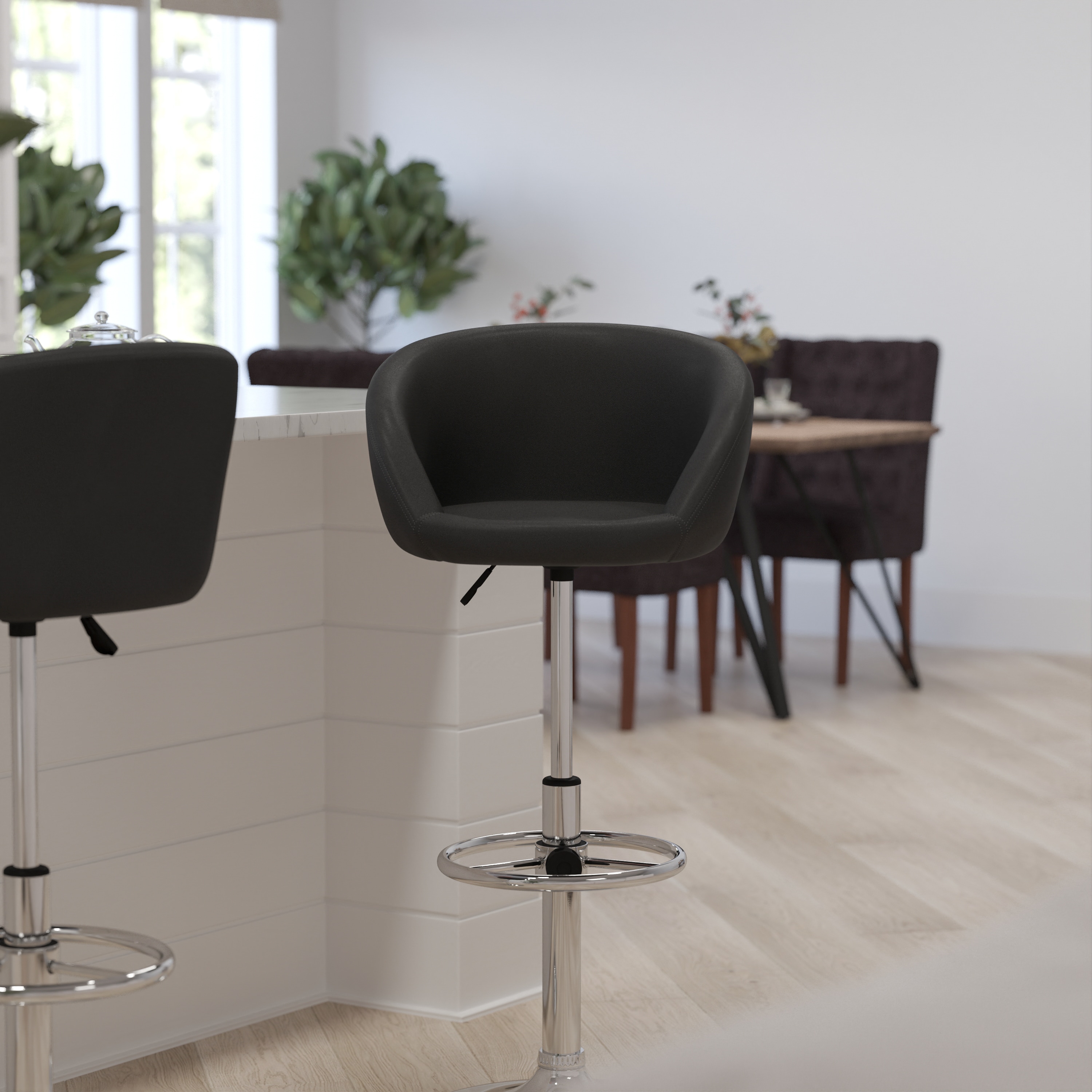 Merrick Lane - Valencia Bucket Seat Bar and Dining Stool Modern Black Vinyl Stool with 360 Swivel...