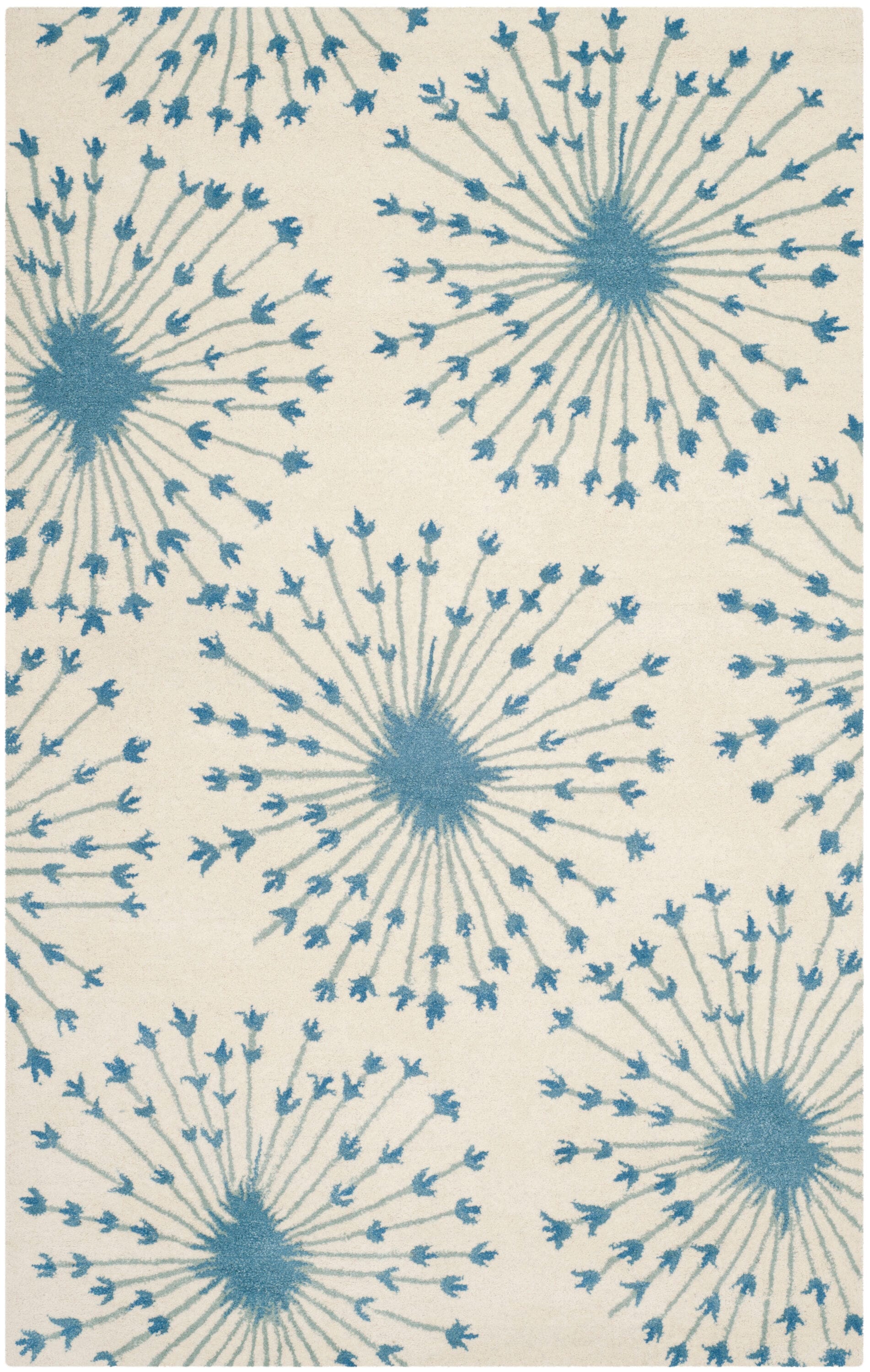 Safavieh BEL123B-5 Bella Spokes 5 x 8 (ft) Tufted Wool Beige/Blue Rectangular Indoor Floral/Botanical Farmhouse/Cottage Area rug