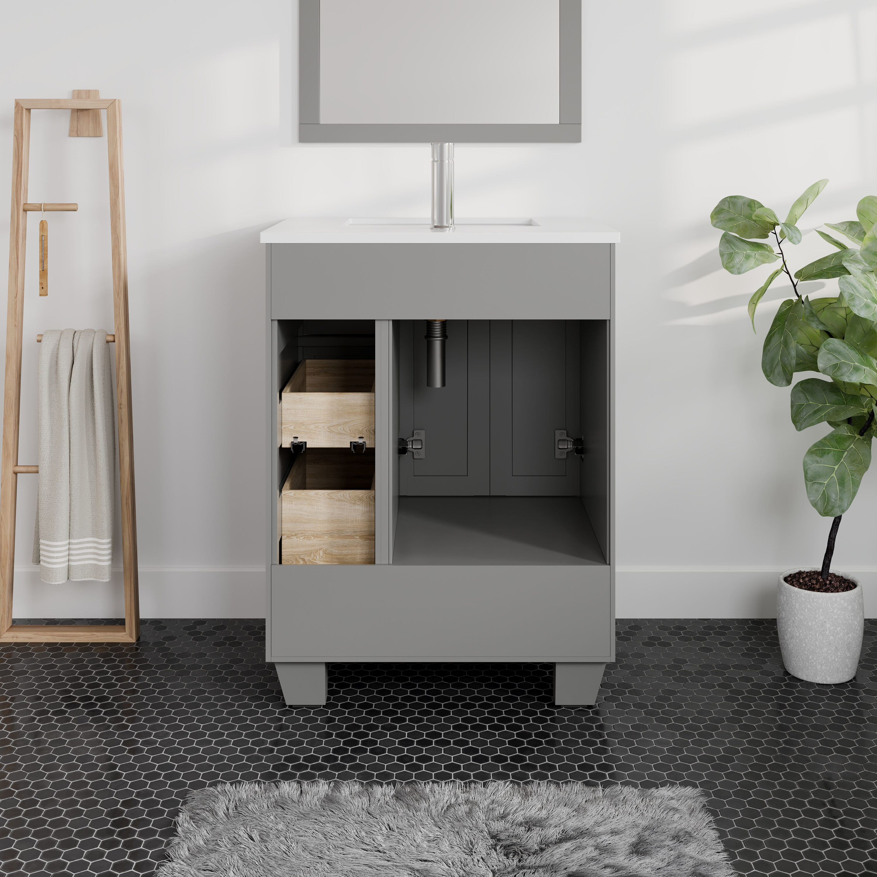 Gray Solid Wood Bathroom Vanity with White Quartz Top, 24-inch
