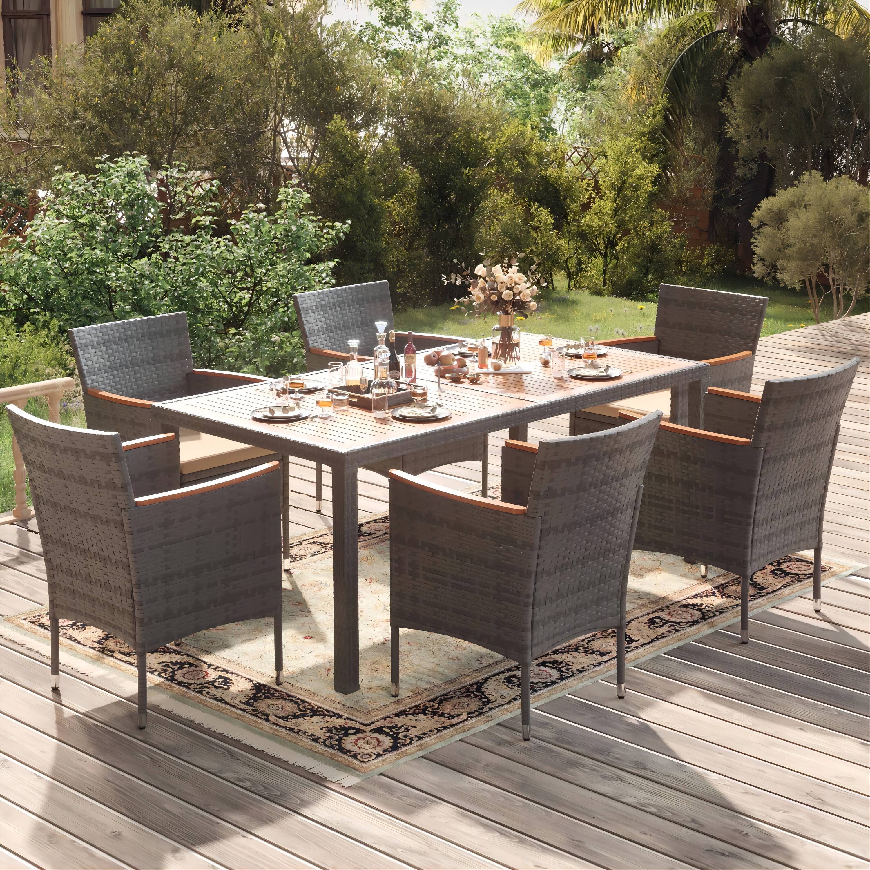 Vineego LS-1TB50-8-2113C-8BG 7 -Piece Black Wicker Patio Dining Set Wood Rectangle Table with 6 Stationary Chairs