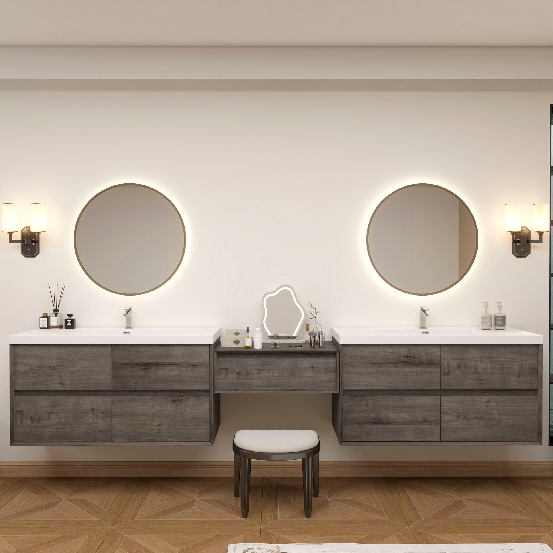 BV Better Vanity SLIM17-48+30+48-SO Kingdee 126-in Smoke Oak Single Sink Floating Bathroom Vanity with White Acrylic Top