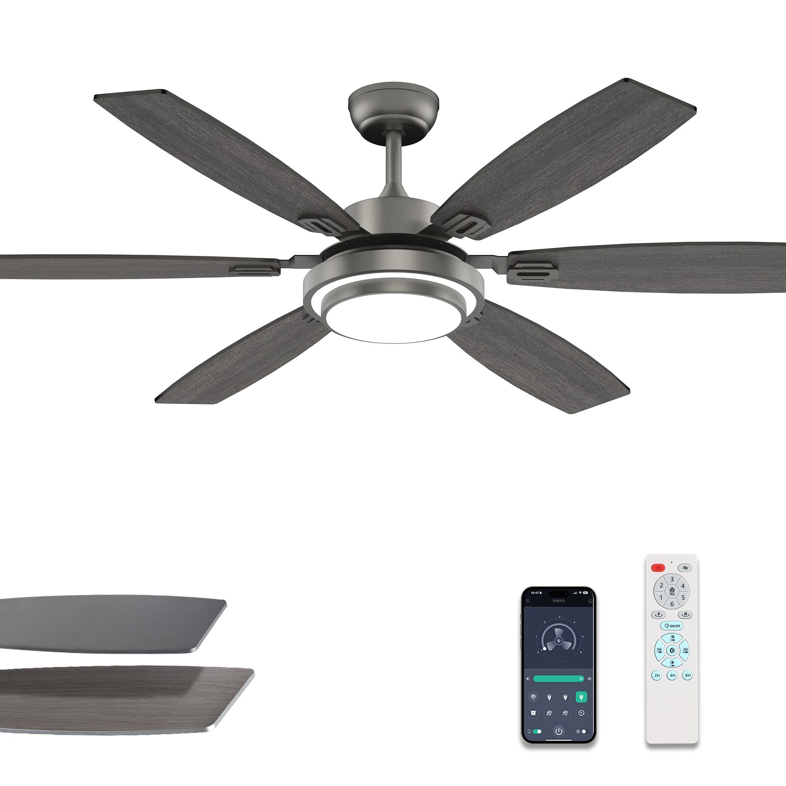 SILJOY LL-8838D-60-04 60-in Gray Ceiling Fan with Gray or Oak Color Blades Ceiling Fan With Light-Remote Included