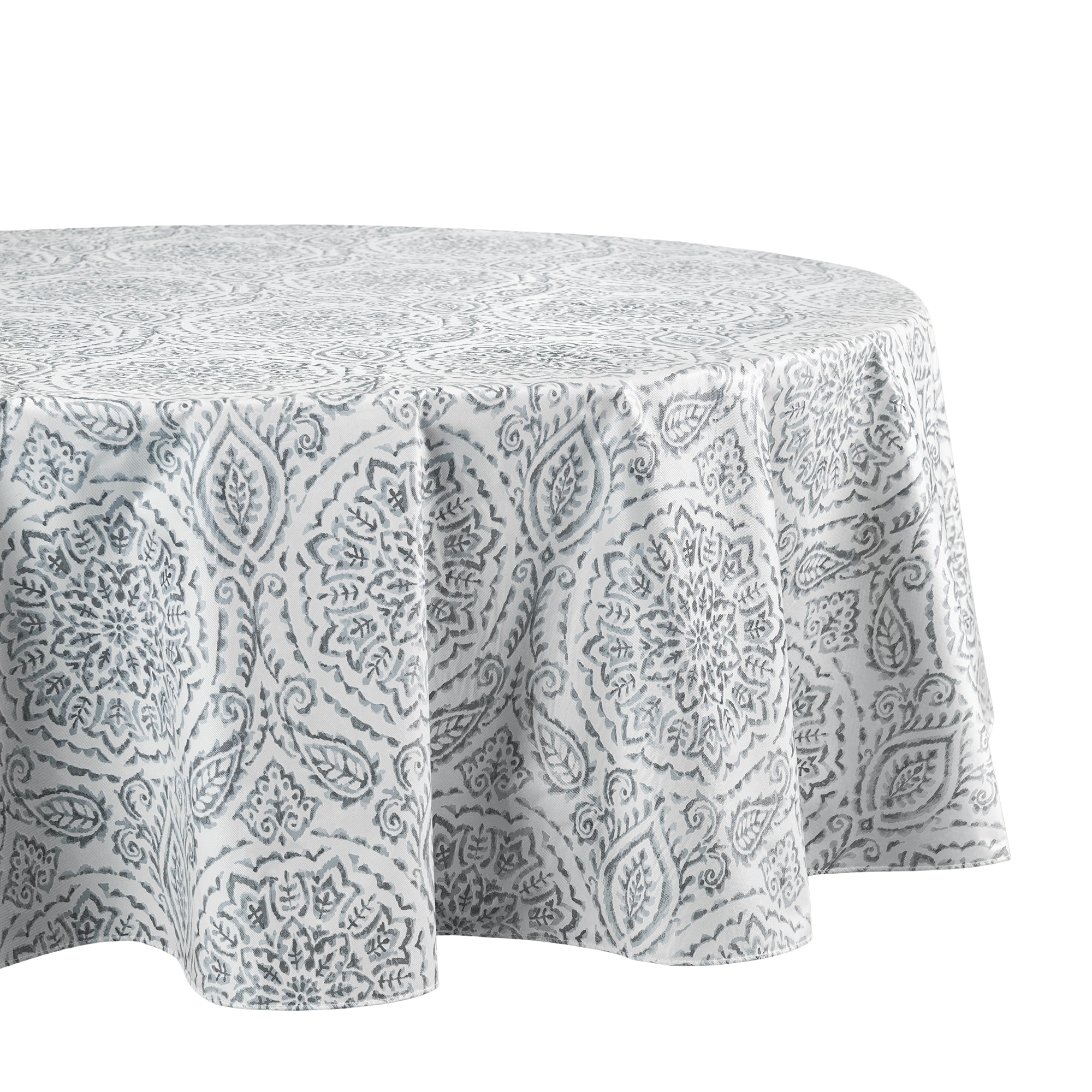 Elrene Home Fashions 194590058258 Savannah Boho Paisley Printed Vinyl 70" Round Indoor/Outdoor Gray Table Cover for 60-in round