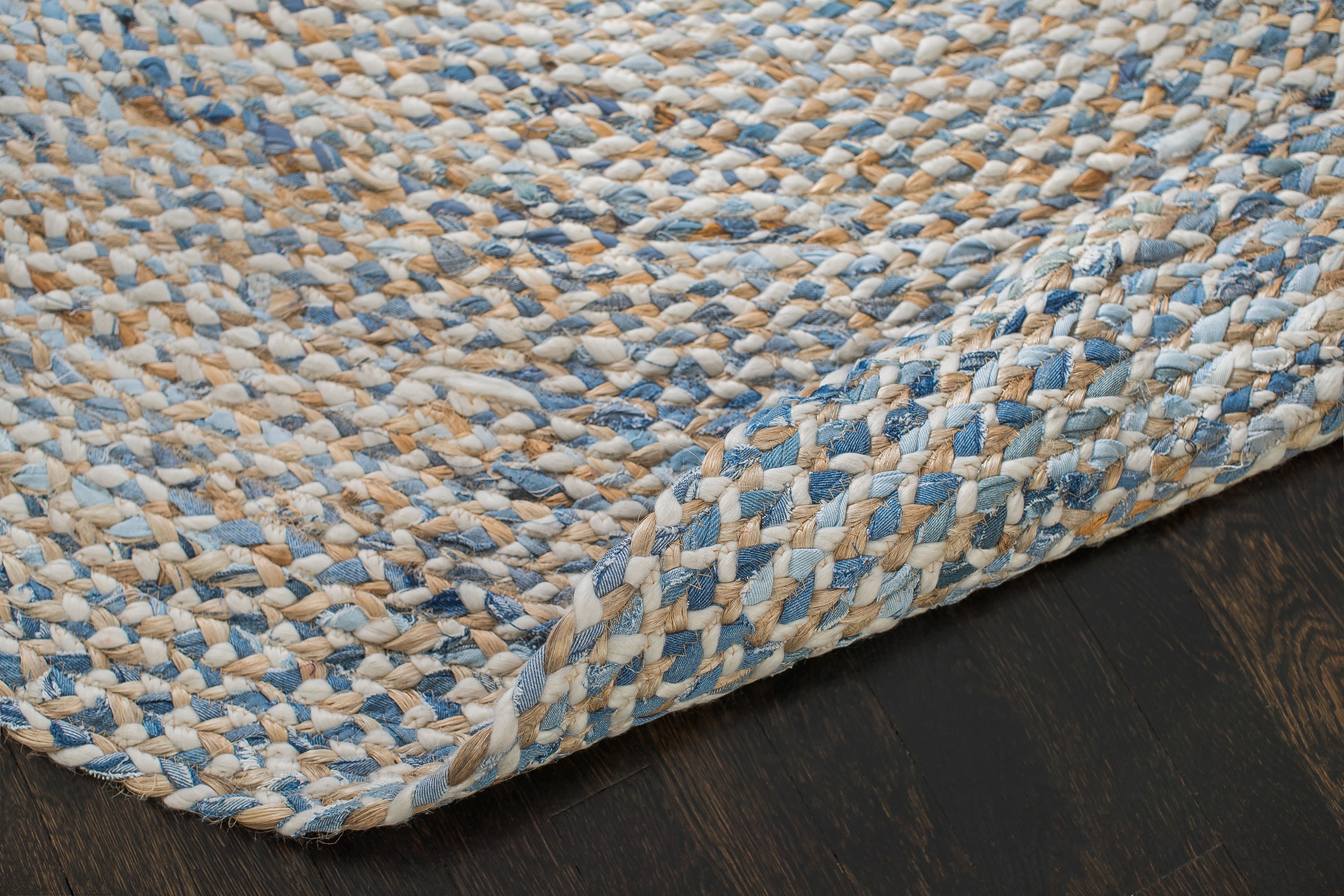 6' Round Braided Denim Blue Cotton and Jute Area Rug