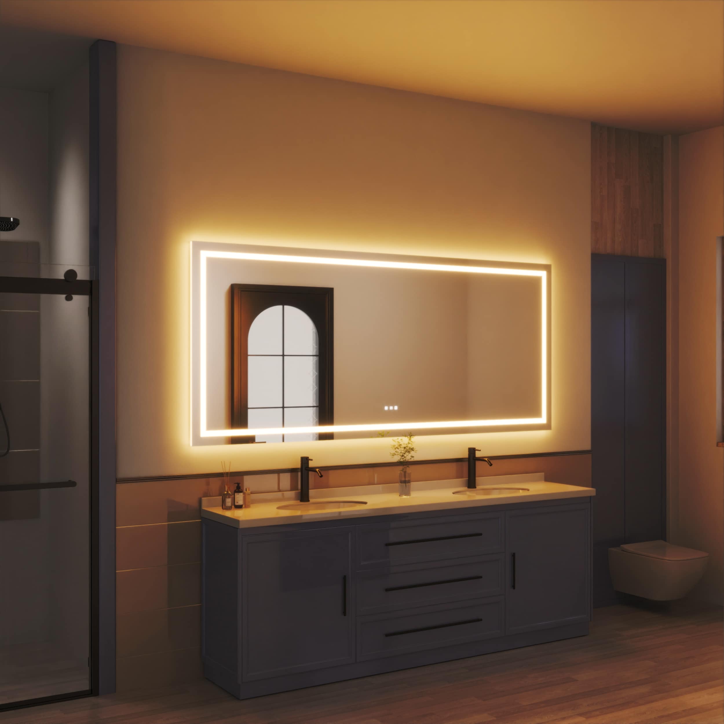 waterpar WPLO-2347 Backlit + Frontlit 88-in x 38-in Polished Frameless Rectangle Dimmable Lighted Fog Free Bathroom Vanity Mirror ( Clear )