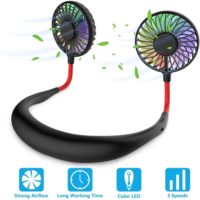 LIGHTSMAX Hands Free Portable Neck Fan- Rechargeable Mini USB Personal Fan  Battery Operated with 3 Level Air Flow, 7 LED Lights for Home Office Travel  Indoor Outdoor Summer Gift Beach Gym (Black)