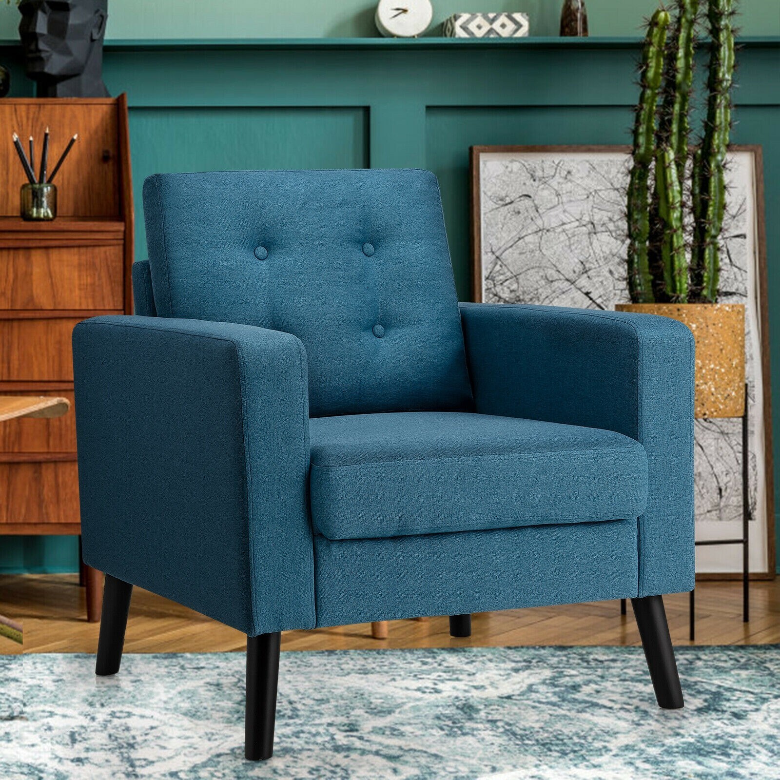 WELLFOR Cy Accent Chairs Casual Blue Linen Accent Chair at Lowes.com