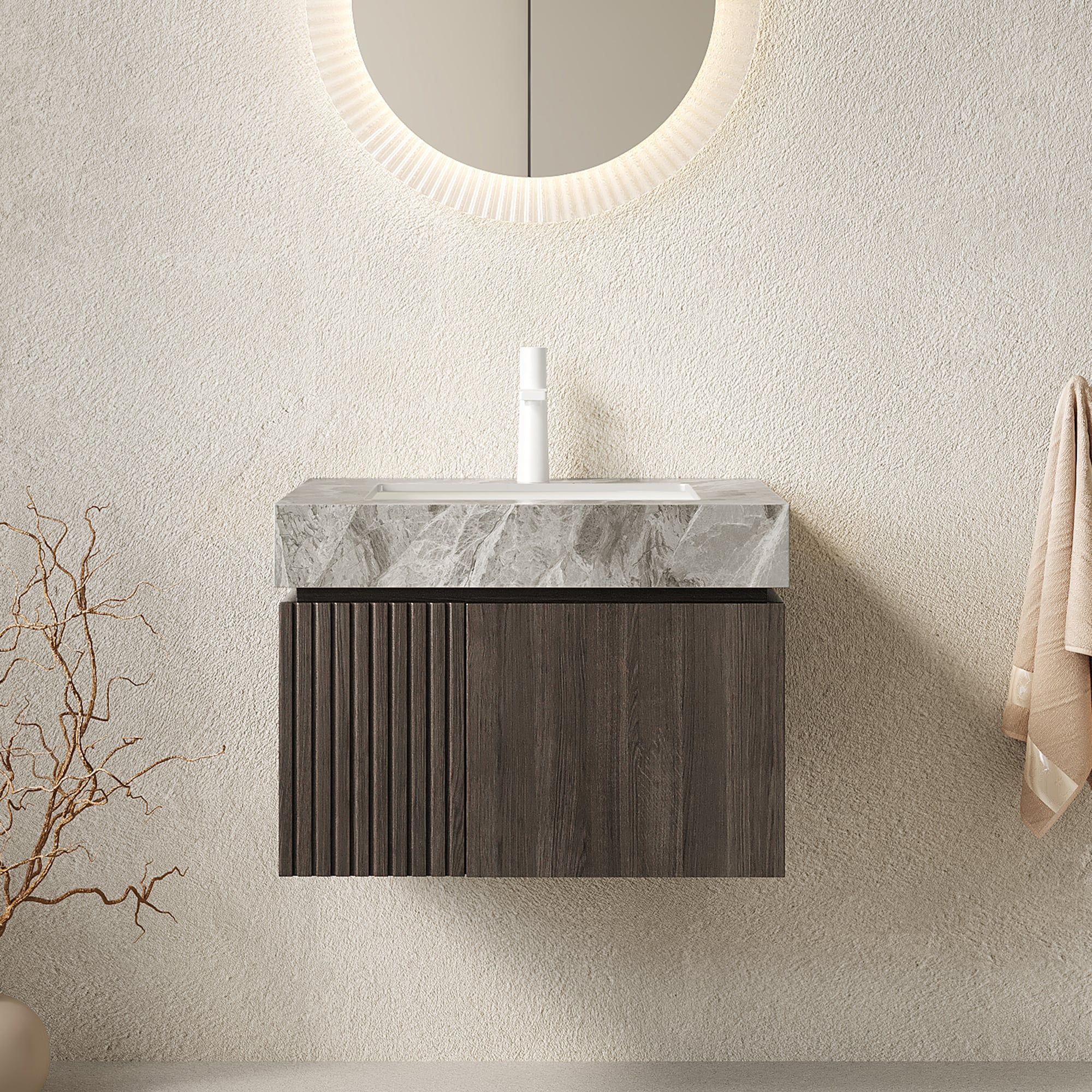 Vynxaria MURI 24-in Bathroom Vanity and Sink, Floating Plywood Storage Cabinet with 2 Doors, Light Gray Sintered Stone Top and Ceramic Basin with 1 Pre-drilled Faucet Hole, Pre-assembled, Espresso Woodgrain Color