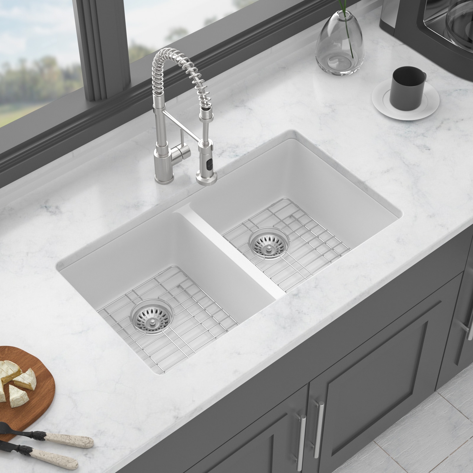 Dimakai 33x19x10.33 Inch White Quartz Undermount Sink Double Bowl 5050 one_size | DI-LO197583P