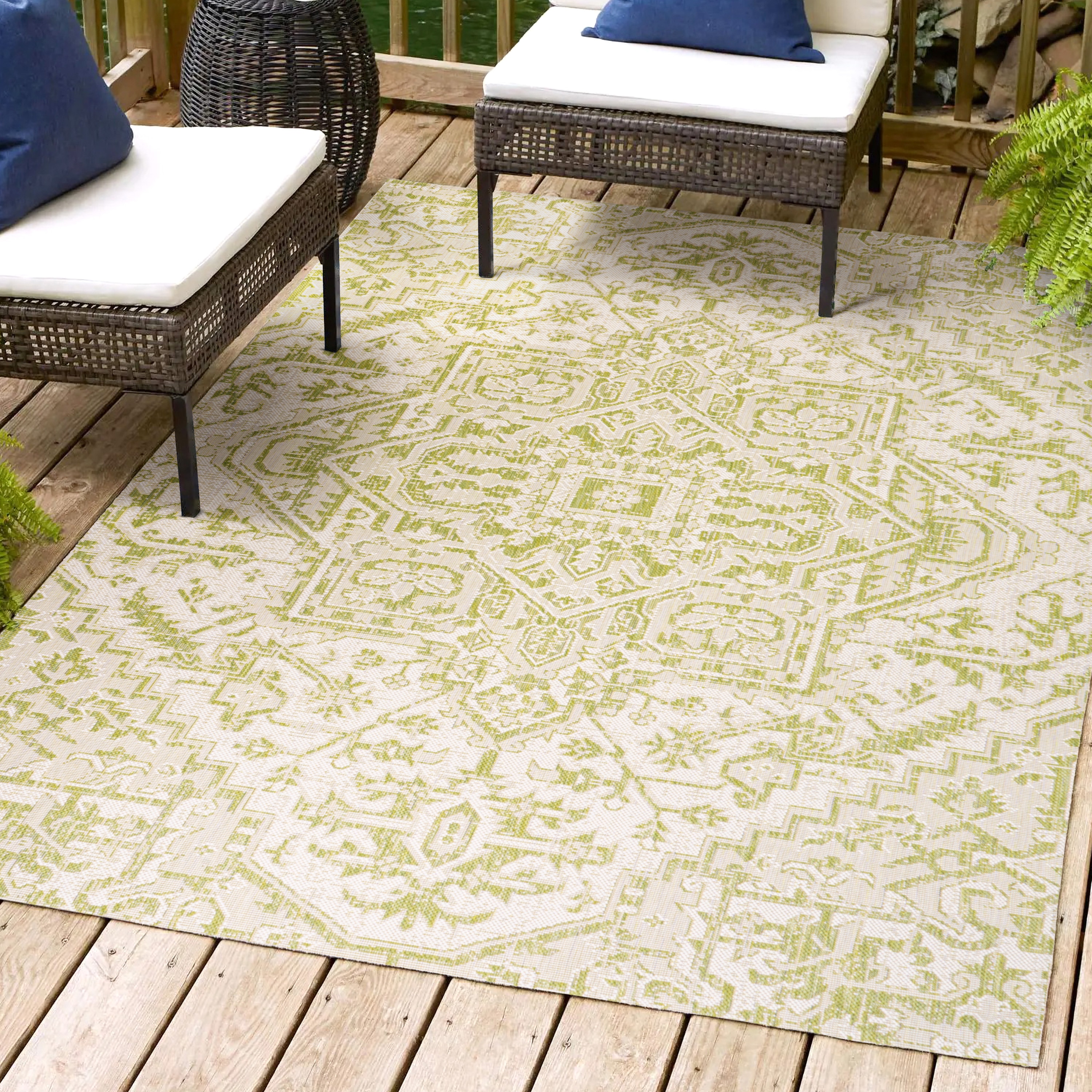 JONATHAN  Y SMB105E-9 Santa Monica Estrella Textured Weave 9 x 12 (ft) Loomed Polypropylene Cream/Green Rectangular Indoor/Outdoor Medallion Coastal Area rug