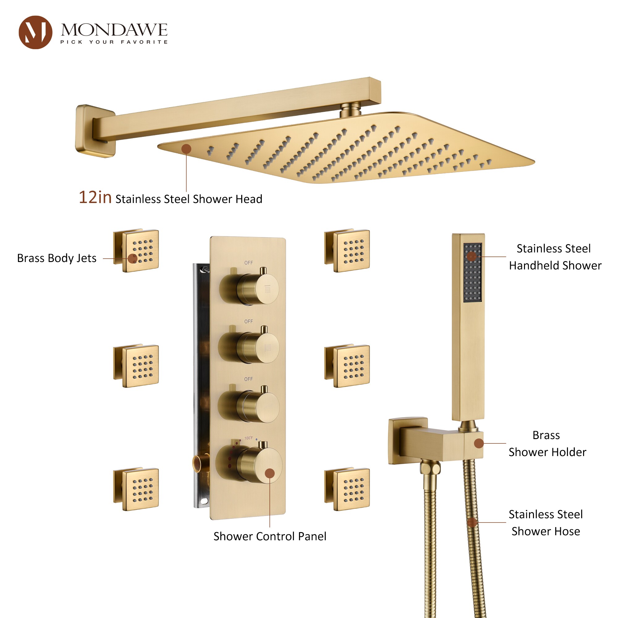 Mondawe WF6310-12BG-WM Showerhead-Bar-Panels - View #5