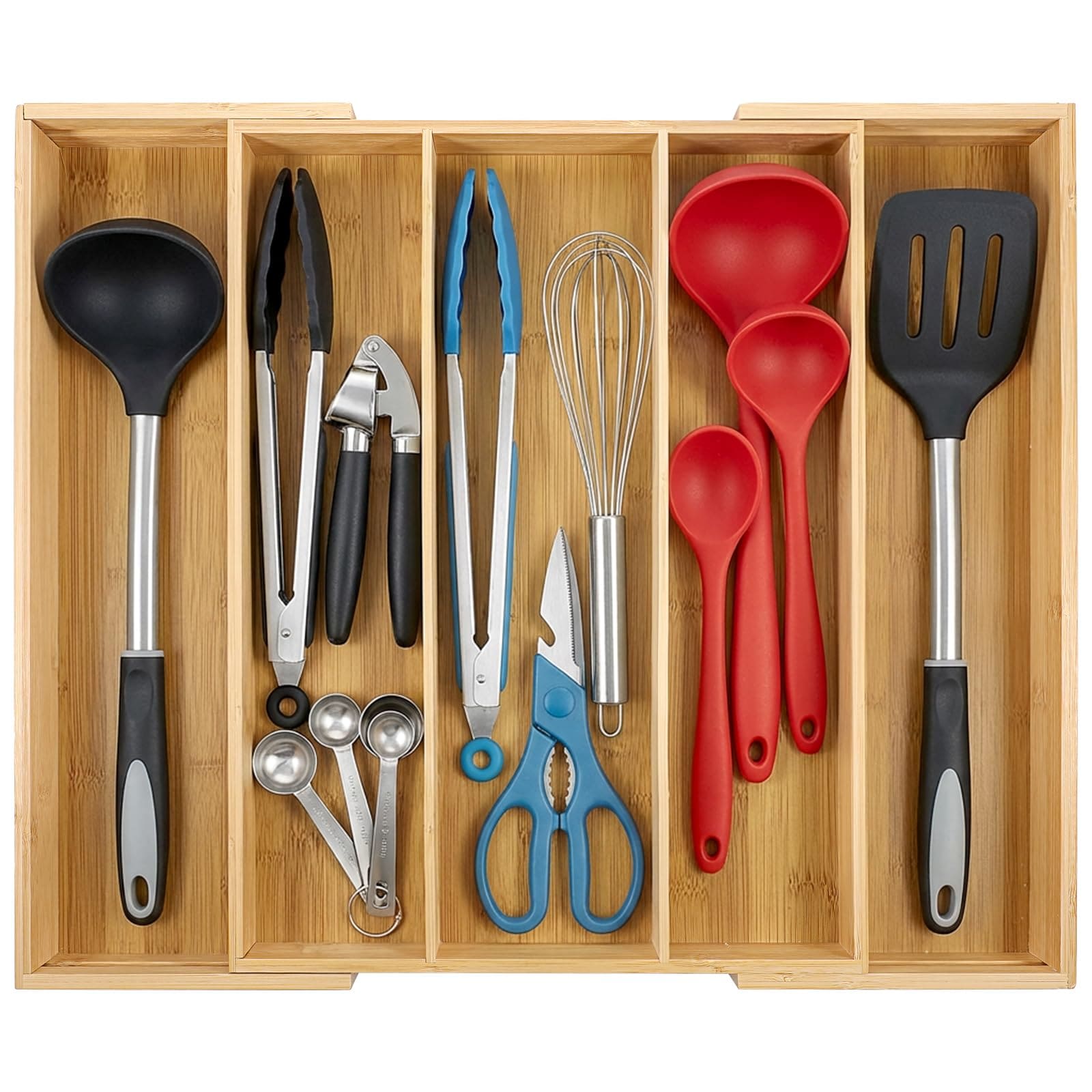 Anqtovp  Bamboo Expandable Kitchen Drawer Organizer Adjustable Flatware Tray for Utensils and Cutlery Storage with Multiple Compartments