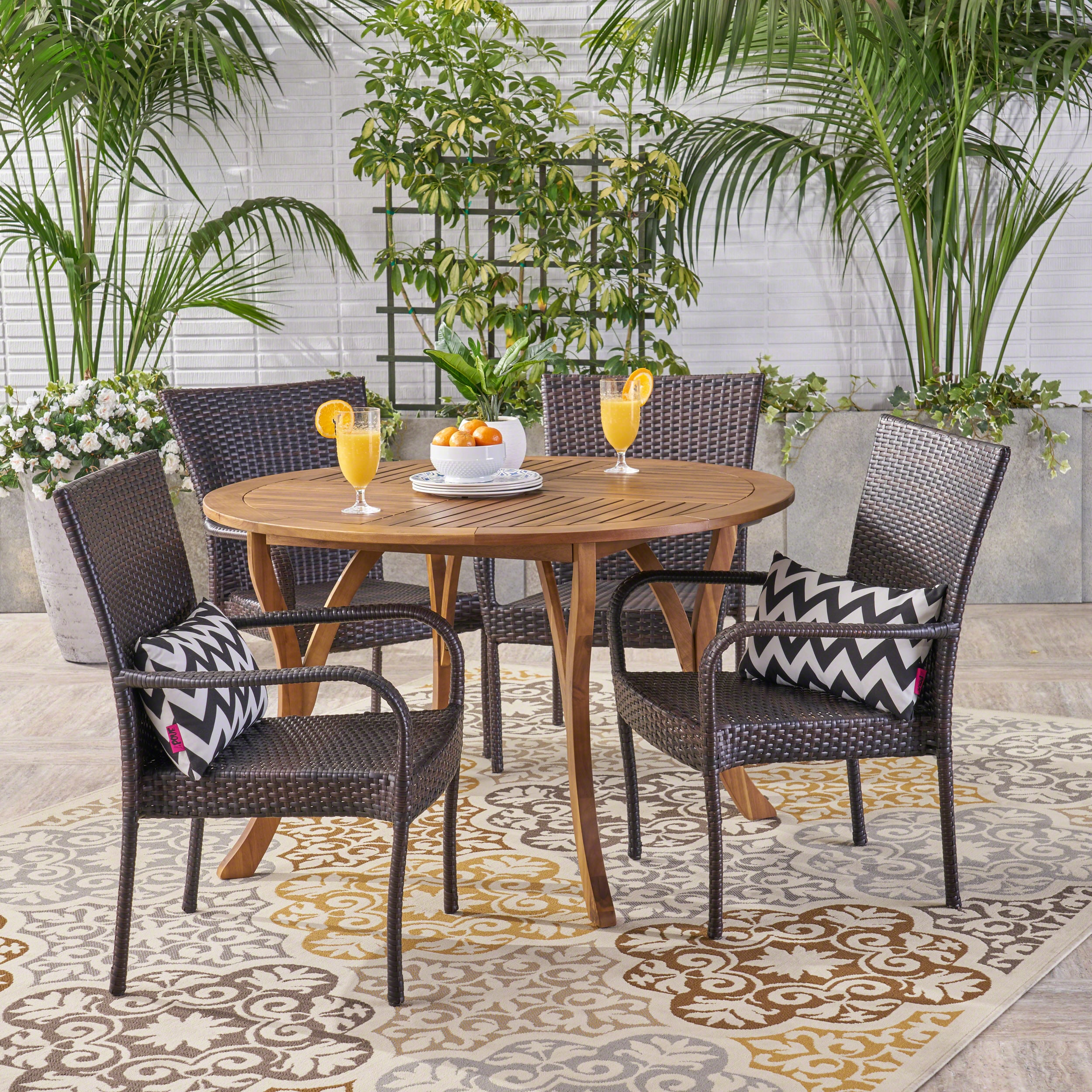 Christopher Knight Home 305011 Collins Outdoor 5 Piece Acacia Wood and Wicker Dining Set Teak with Multi Brown Chairs
