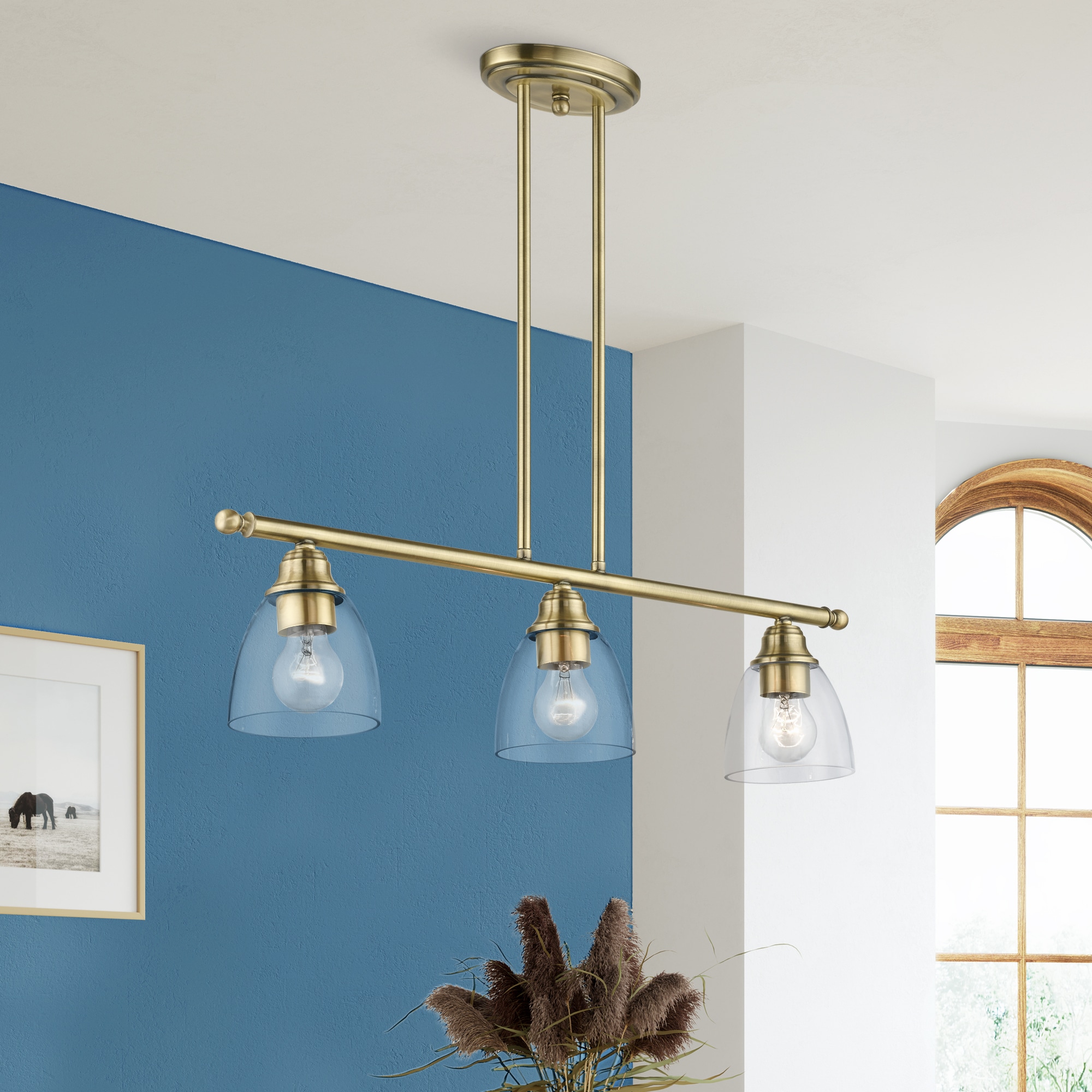 Antique Brass 30" Linear Chandelier with Clear Glass Shades