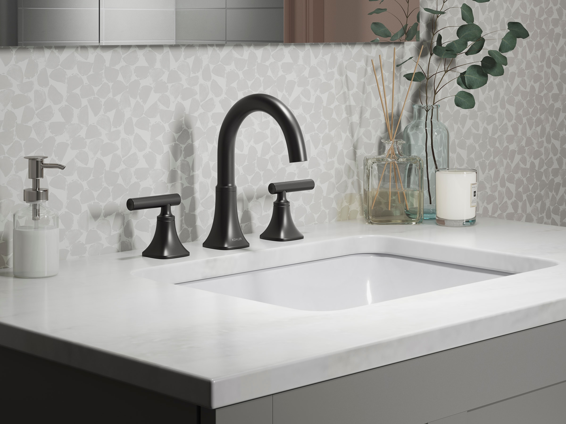 KOHLER R27954-4D-BL Rill Matte Black Widespread 2-handle WaterSense Mid-arc Residential Handle Bathroom Sink Faucet with Drain