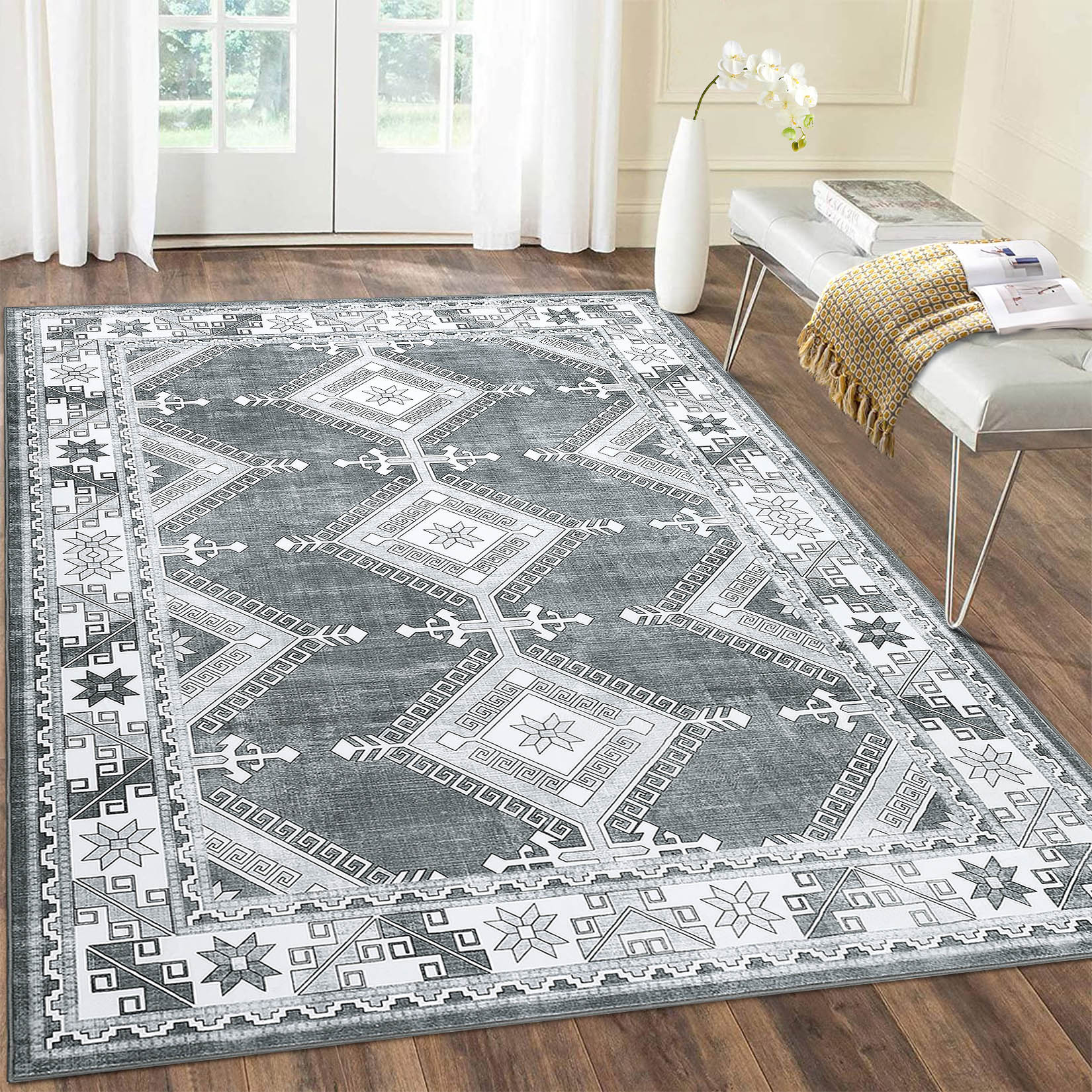 Garvee YXY-LO-PHO-0Z9UBM5P 4 x 6 (ft) Loomed Polyester Gray Rectangular Indoor Geometric Moroccan Machine washable Area rug