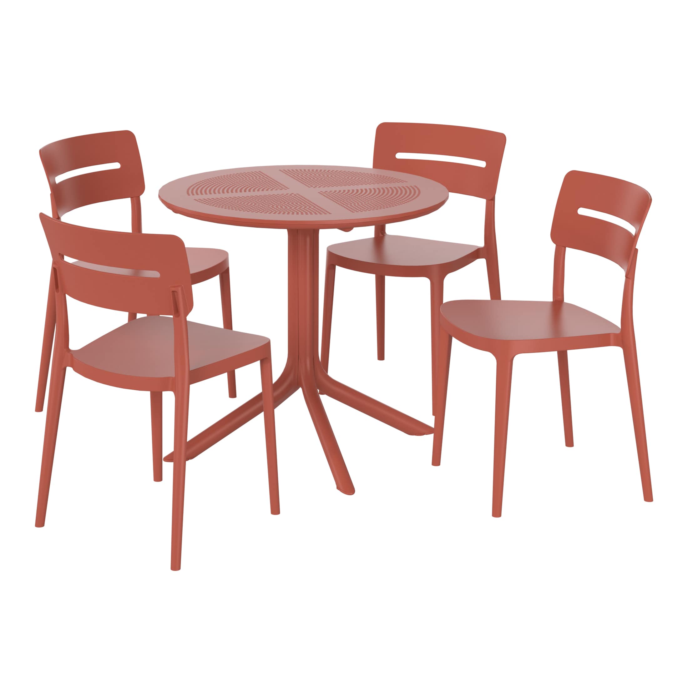 Westin Furniture OP3090-RD FrondForm 5 -Piece Red Patio Dining Set Plastic Round Table with 4 Stackable Stationary Chairs