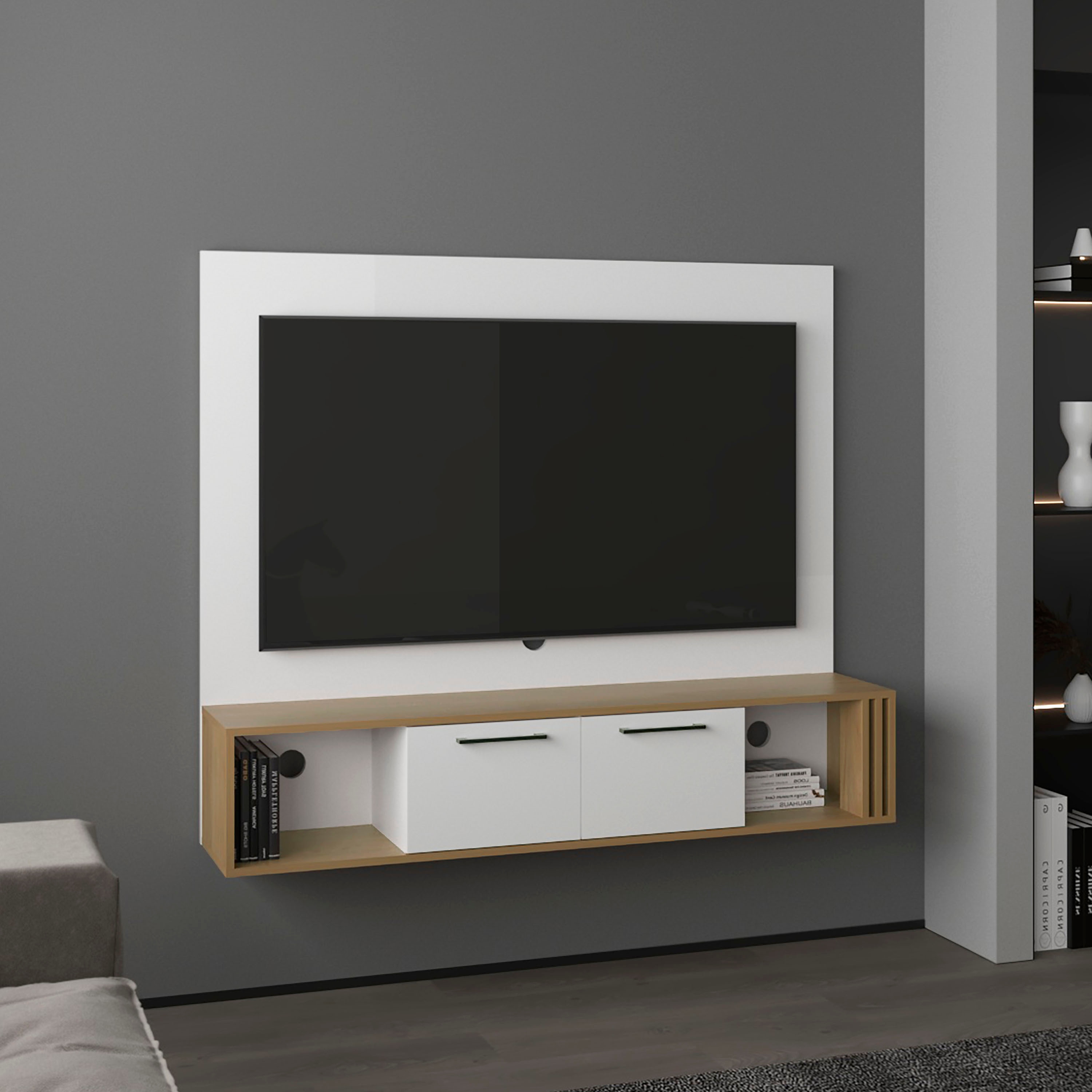 LOVMOR SF-X-B070P286465 Vance 56 Wide Floating Entertainment Center 2 Cabinets 4 Shelves Narual Oak White