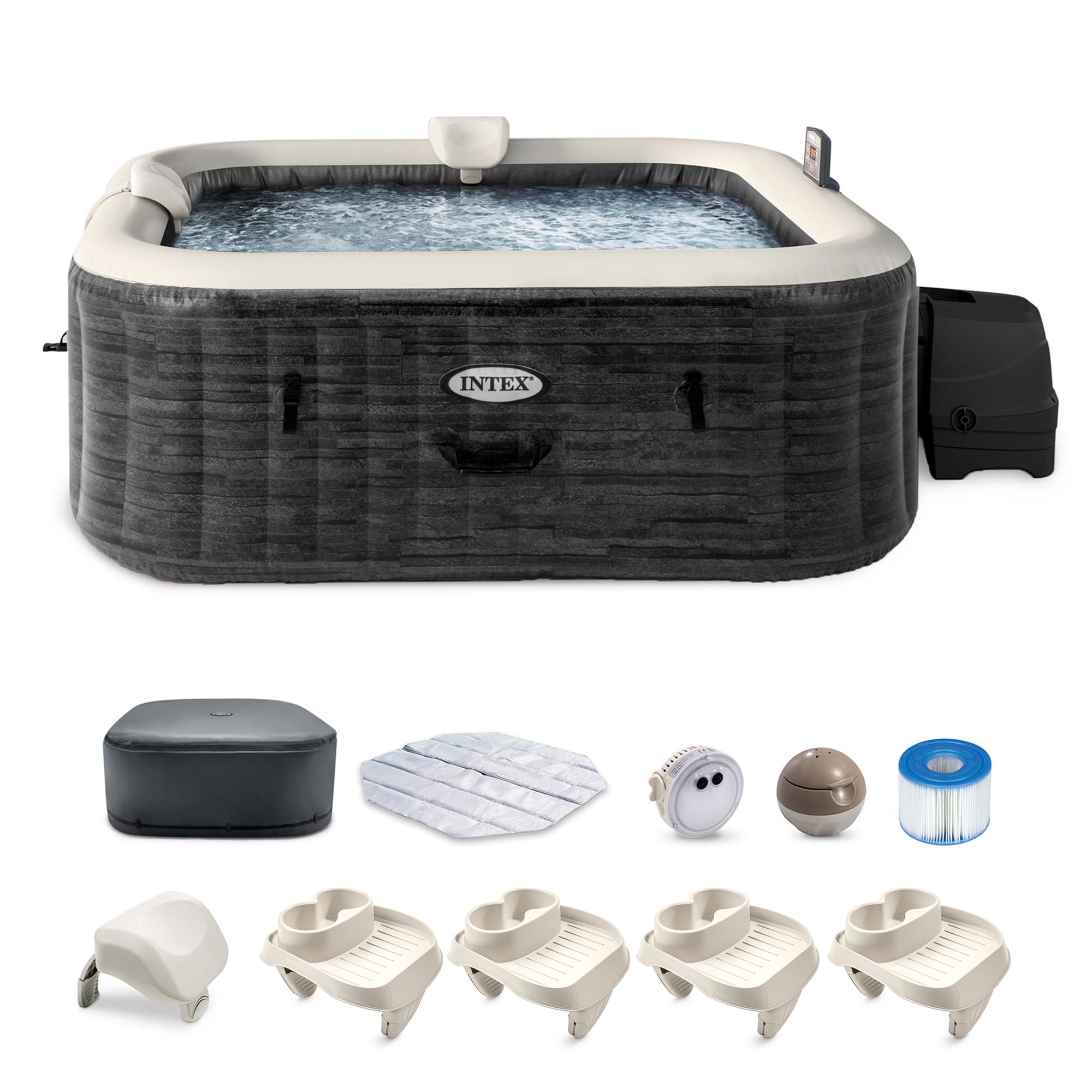 Intex  PureSpa Plus Greystone Inflatable Hot Tub 94 x 28 Inches w/ Cup Holder 4-Pack