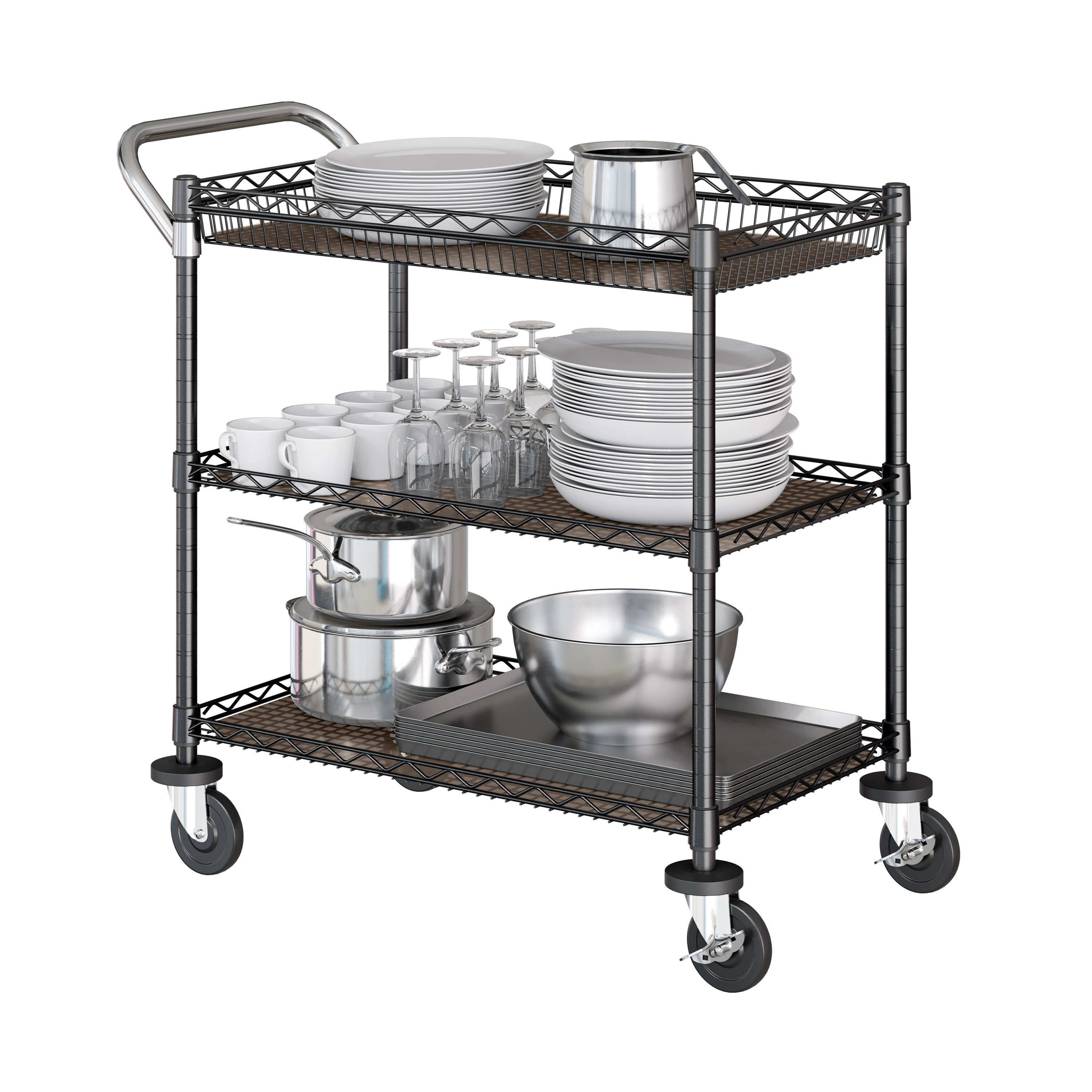 Seville Classics Black Steel Base with Steel Metal Top Rolling Kitchen Cart ( 35.5-in x 34.5-in x 34.75-in )
