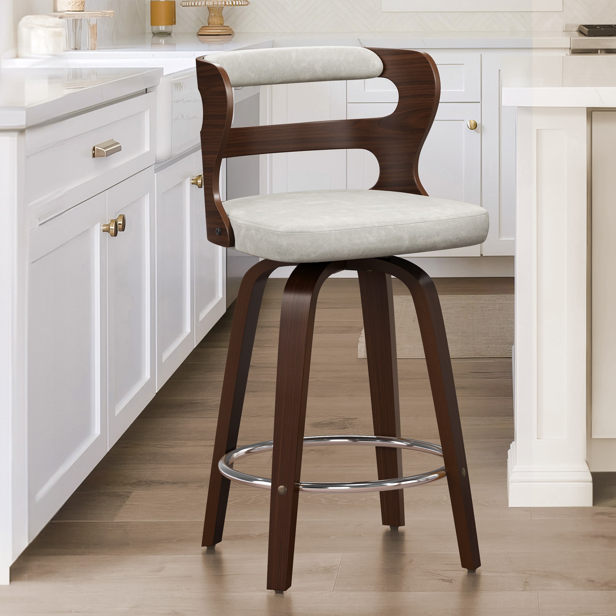 LUE BONA YB-113-04LS Oyster Gray 26-in H Counter height (24-in to 27-in) Square Seat Upholstered Swivel Wood Back Bar Stool Back