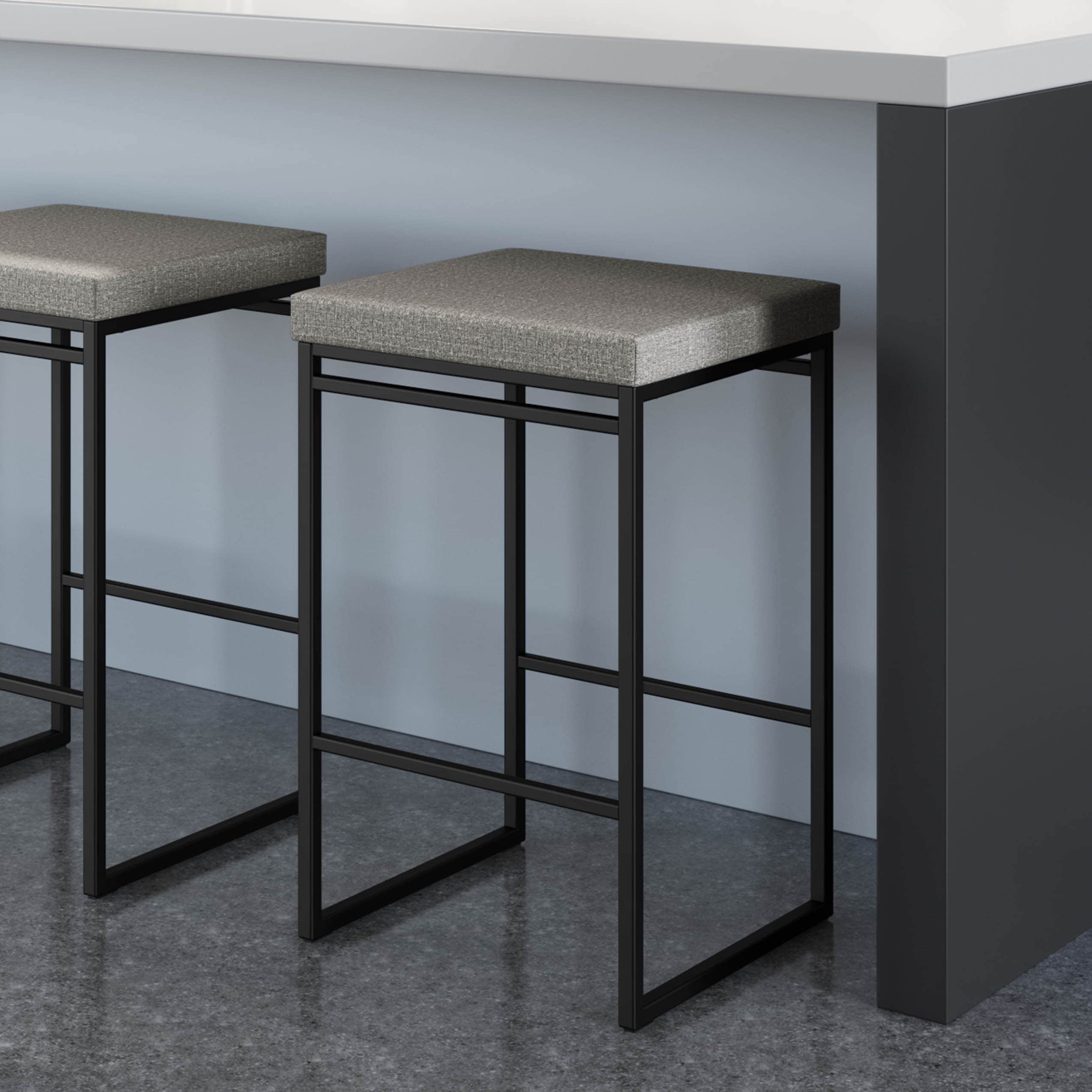 Silver Grey Polyester and Black Metal Backless Counter Stool