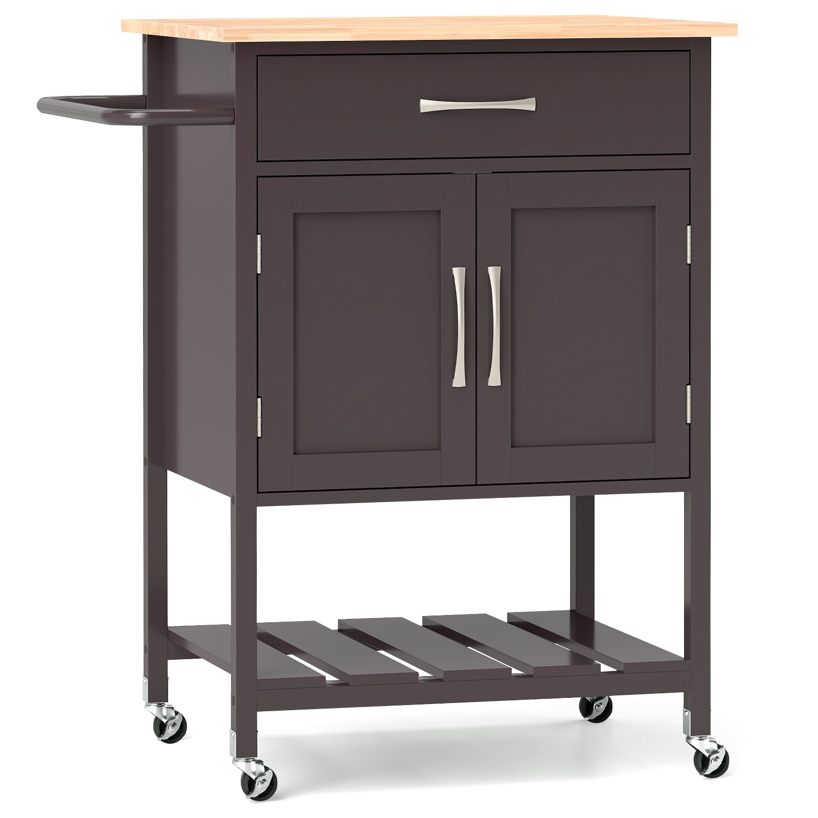 Slickblue D-CO-NB60255CK Rubber Wood Base with MDF Countertop Top Rolling Kitchen Cart with Cabinet Towel Rack (29 Inch W x 19 Inch L x 35.5 Inch H) for Food Prep or Storage- Brown/ Black/ White