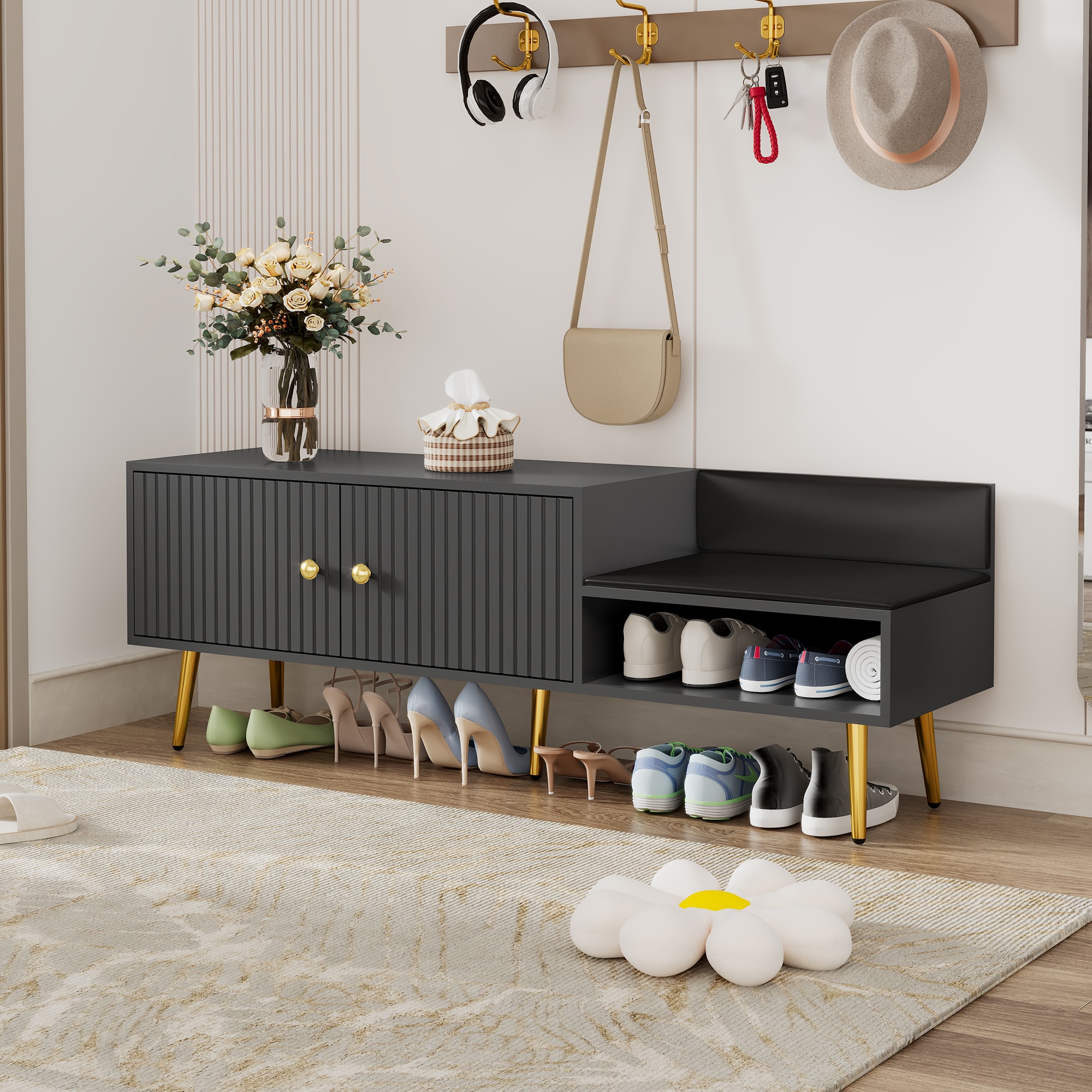 ModernLuxe WF531237AAE Modern Shoe Storage Bench with Hidden Storage and Upholstered Cushions for Bedside Living Room and Entryway Gray