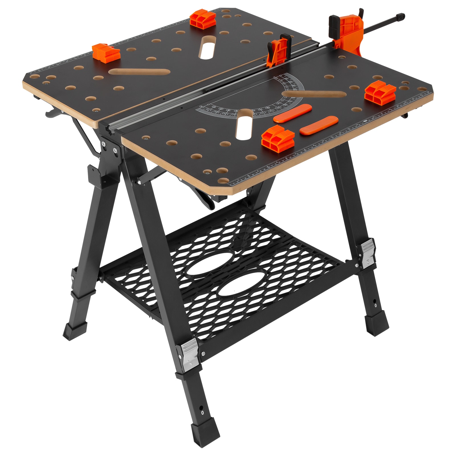VEVOR Convertible Workstation Dual-Function as Sawhorse/Workbench Supports up to 1000 lbs 7 Height Options Durable Steel Frame Compact Folding Design with Wood Clamp Includes 4 Bench Dogs and 2 #SCB454KG70X601084V0
