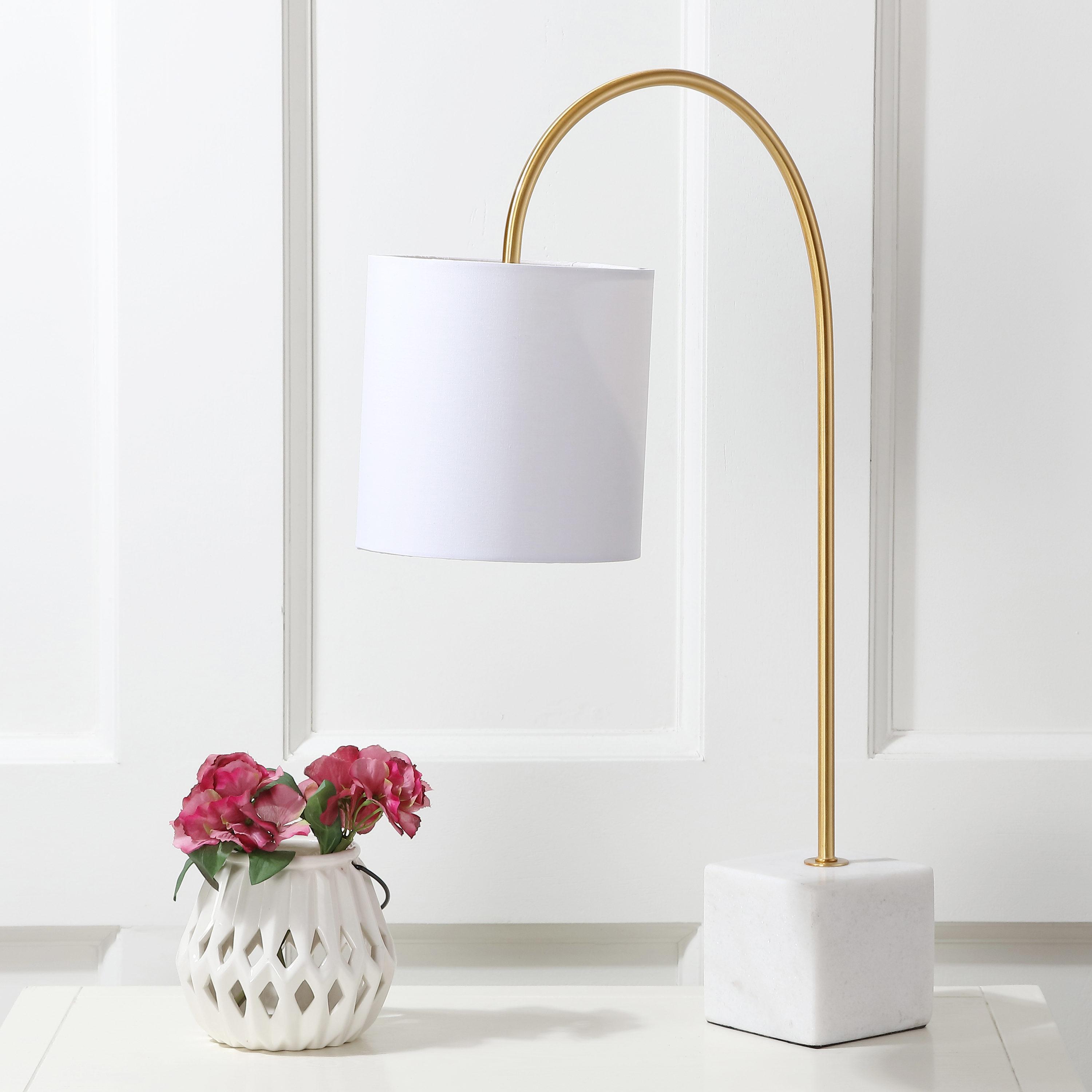 White Marble and Brass Arc Table Lamp with Cotton Shade