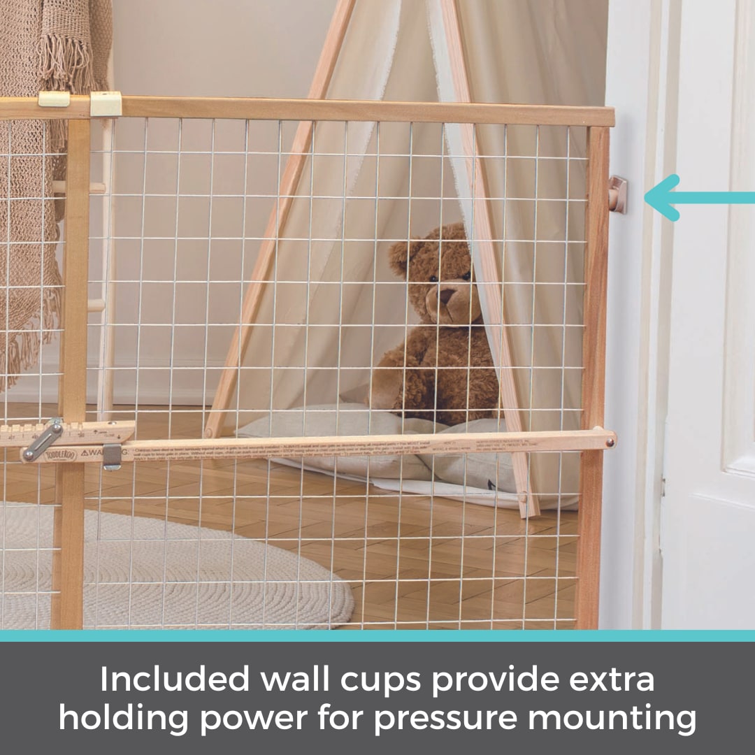 Extra-Wide White Wood and Metal Mesh Baby Gate