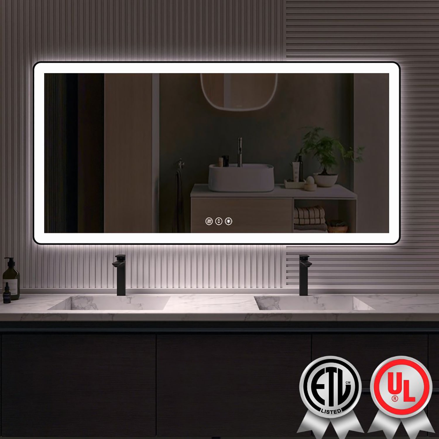 waterpar WPLO-2481 72-in x 36-in Polished Rectangle Dimmable Lighted Fog Free Bathroom Vanity Mirror ( Black )