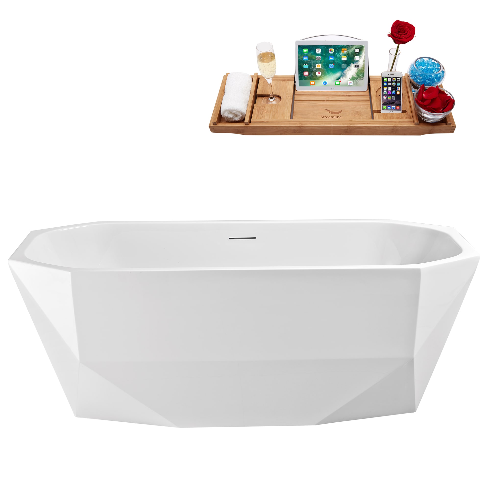 Streamline N630WH 28.7-in x 63-in Glossy White Acrylic Oval Freestanding Soaking bathtub with Drain ( Center Drain )