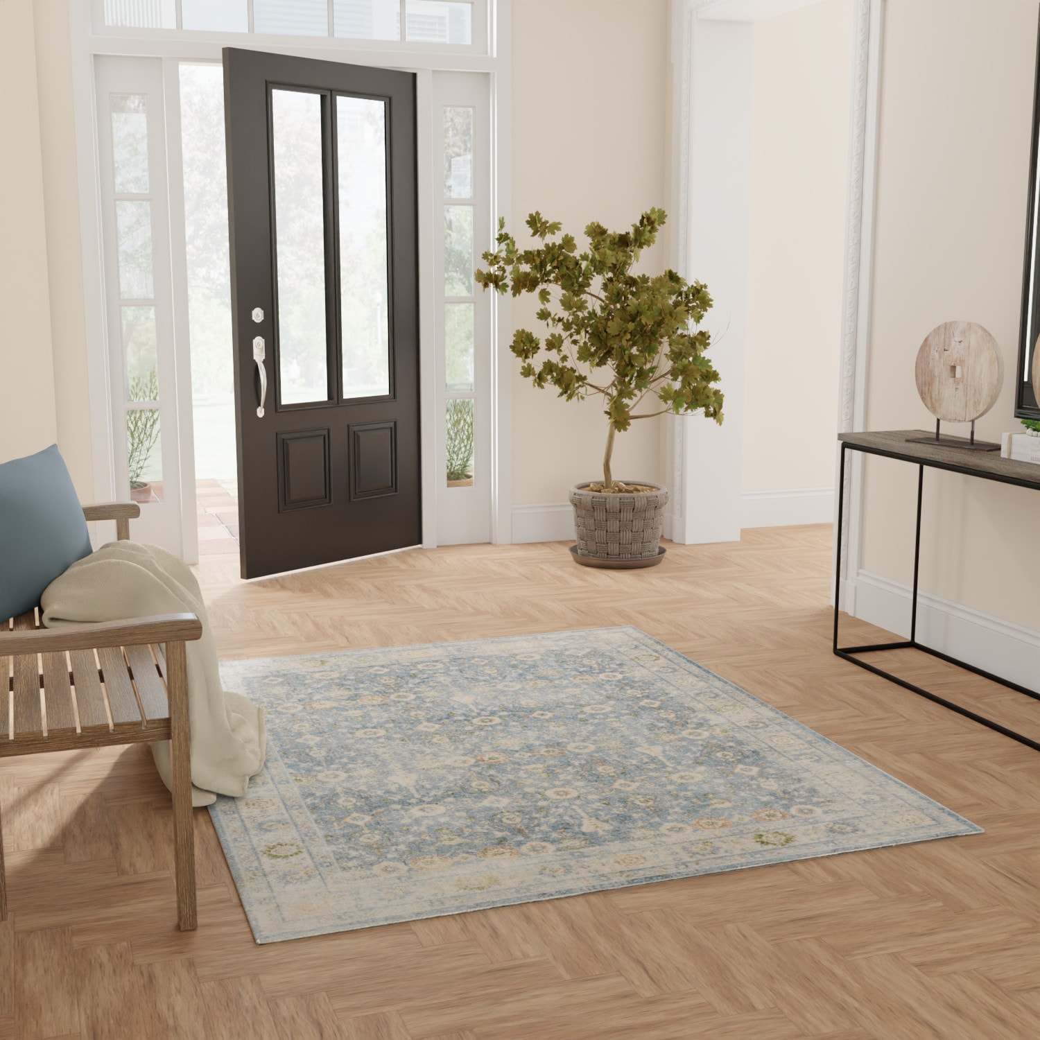 Teal Beige Floral Synthetic Washable Rectangular Area Rug 5' x 7'