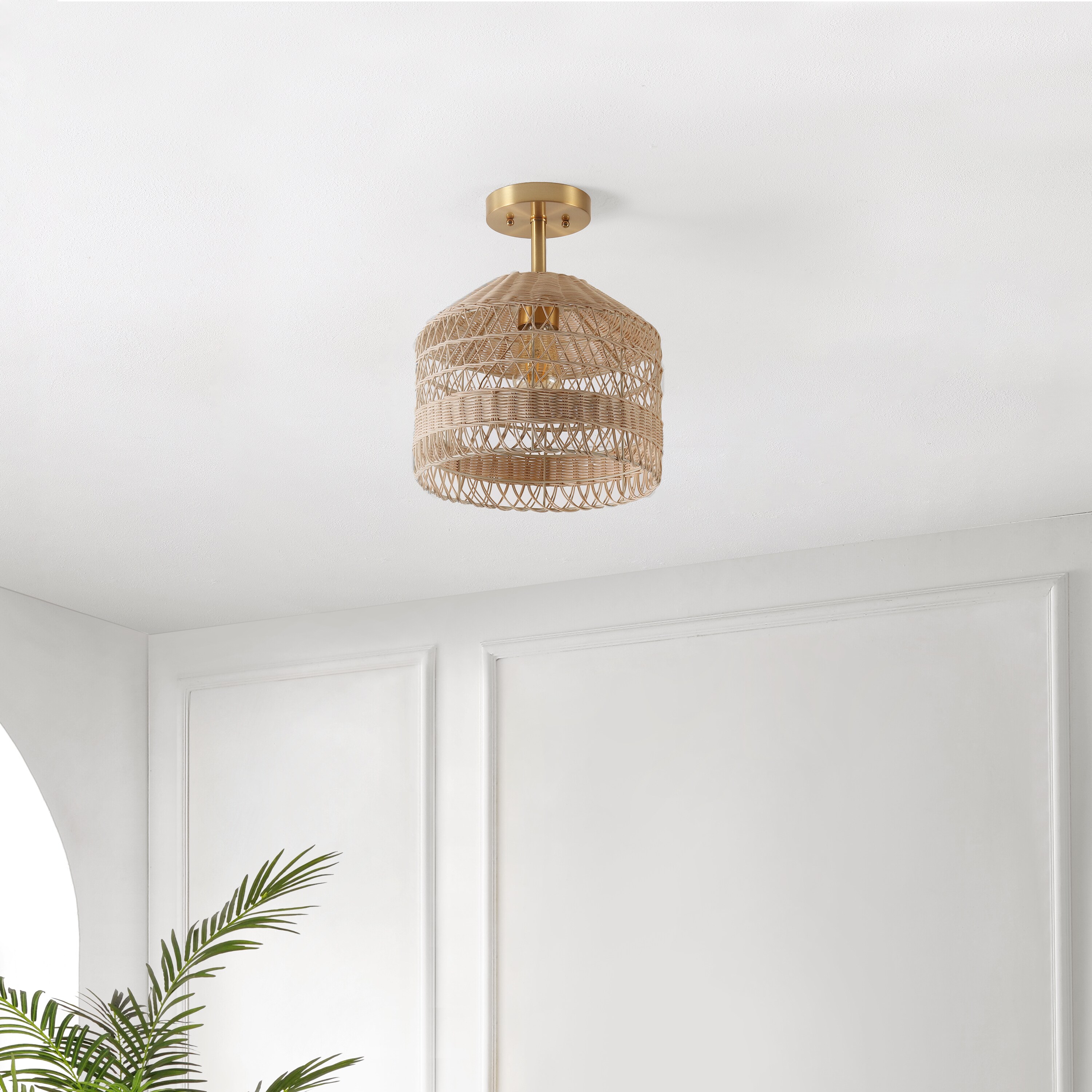 Noyuna 12" Natural Rattan and Gold Flush Mount Light