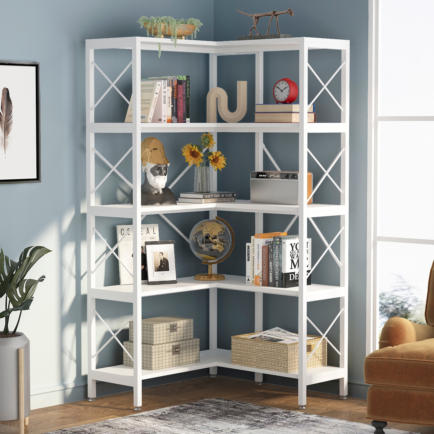 Tribesigns Industrial 5 Tier Corner Shelf/Bookshelf /Bookcase/Plant Stand - White
