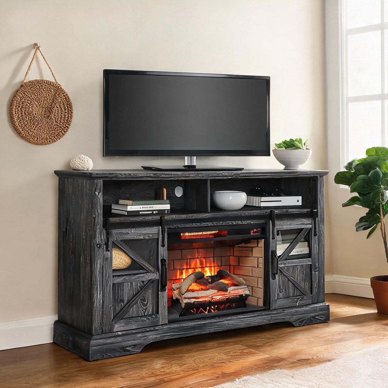 Naturefalls Dark Oak Wood+Stainless Steel+Glass Indoor Fireplaces and Accessories for Living Room with Storage and Shelving