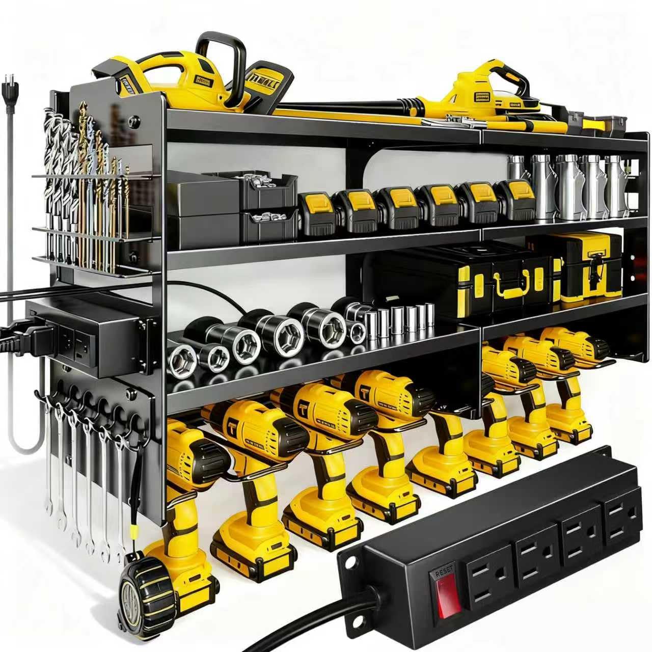 LAIFUCAM  Heavy Duty Power Tool Organizer Wall Mount with Charging Station 4 Layer Tool Storage Rack with 8 Drill Holder and Power Strip for