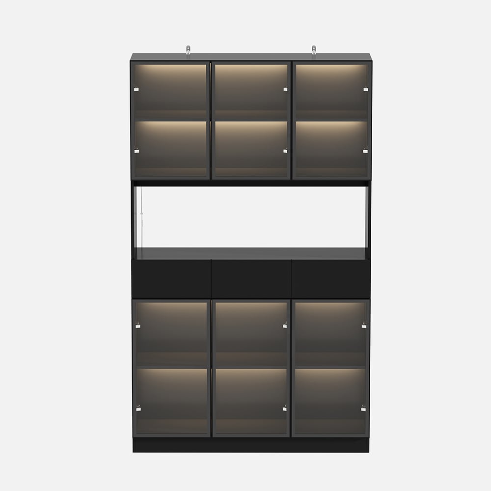 Tall Black Bookcase with 6 Glass Doors and 3 Drawers Modern Display Bookshelf with LED Lights and Aluminum Frame for Living Room or Home Office #V-KF020374-01+02