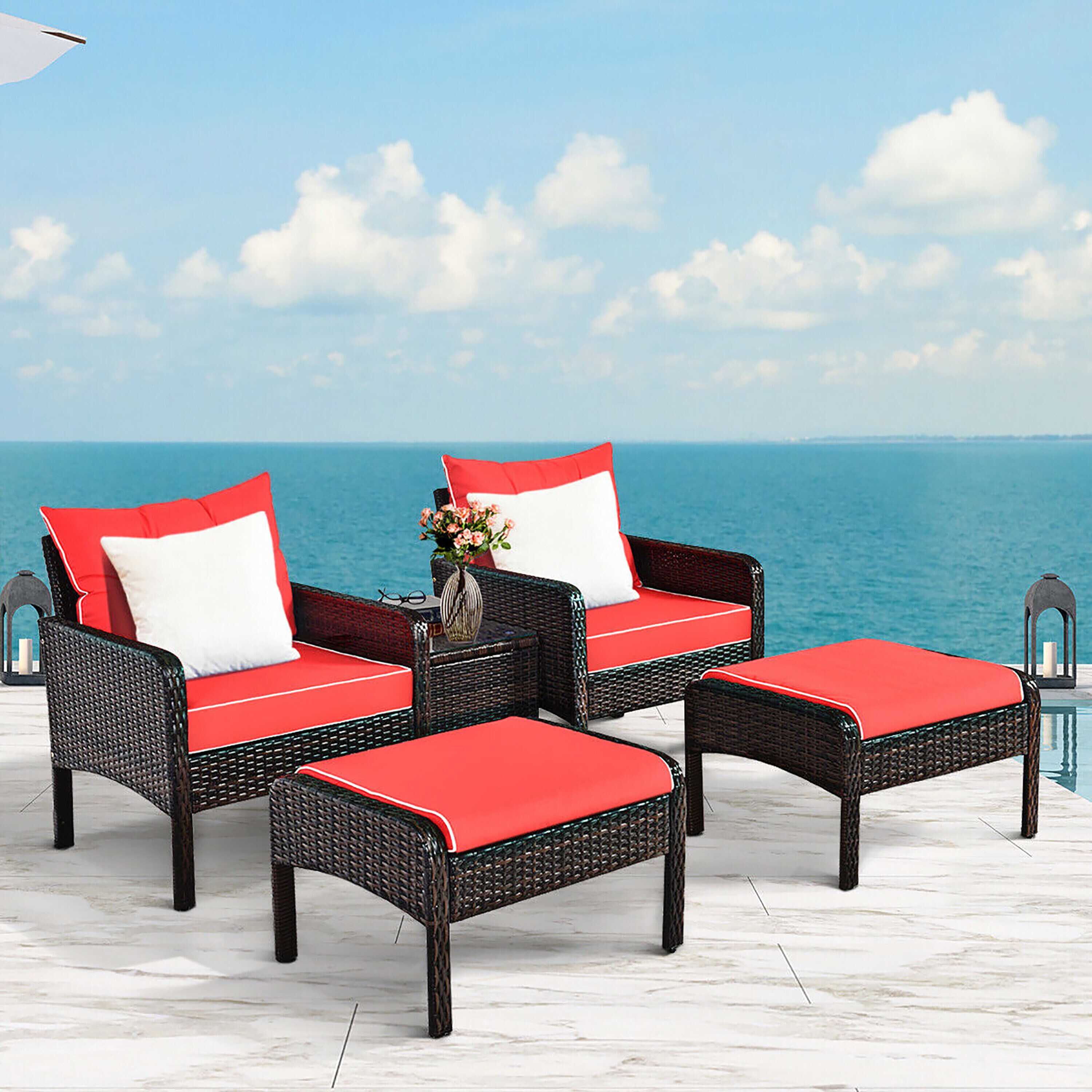 Red Cushioned 2 Person Brown Rattan Conversation Set with Glass Top Table