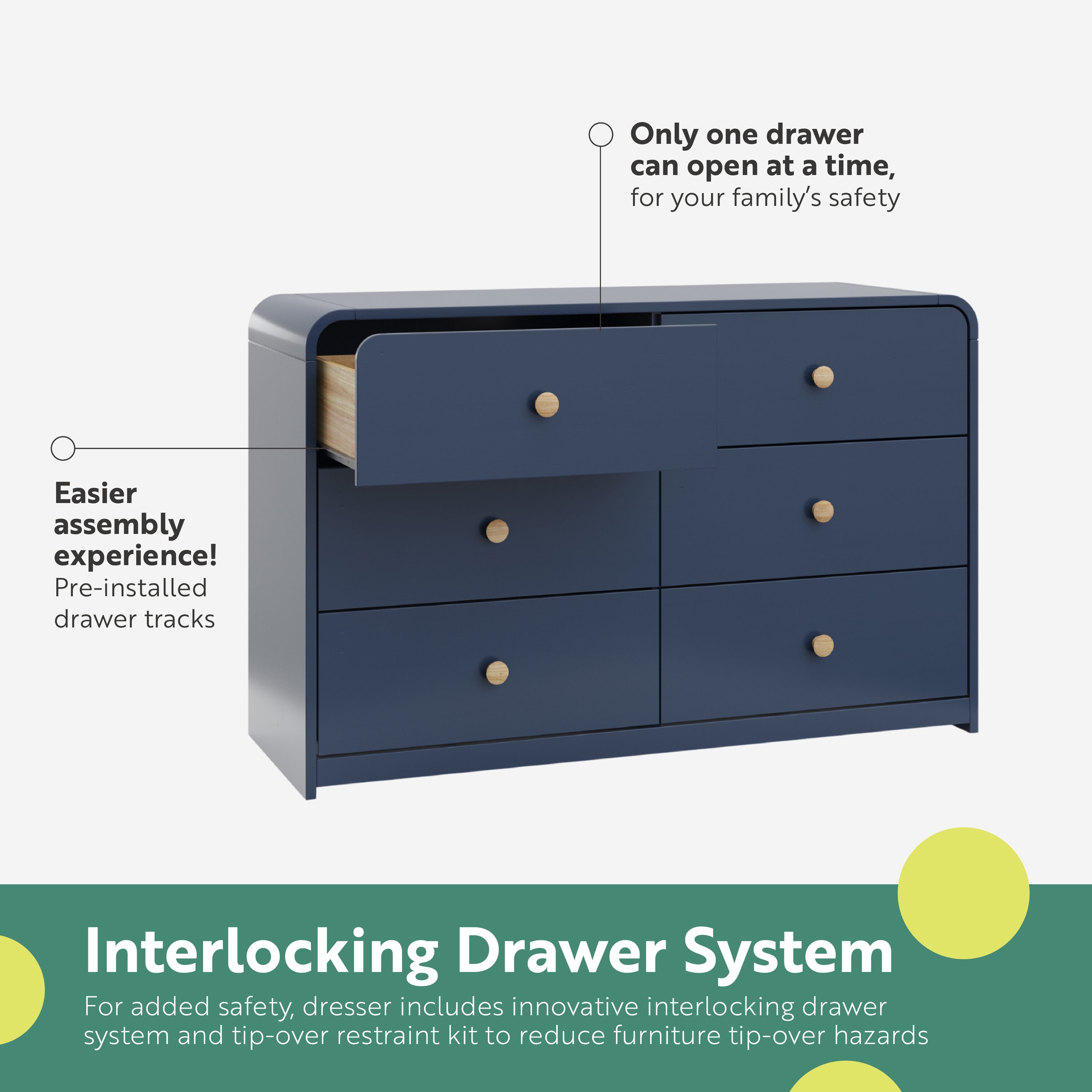 Midnight Blue Double Nursery Dresser with 6 Drawers