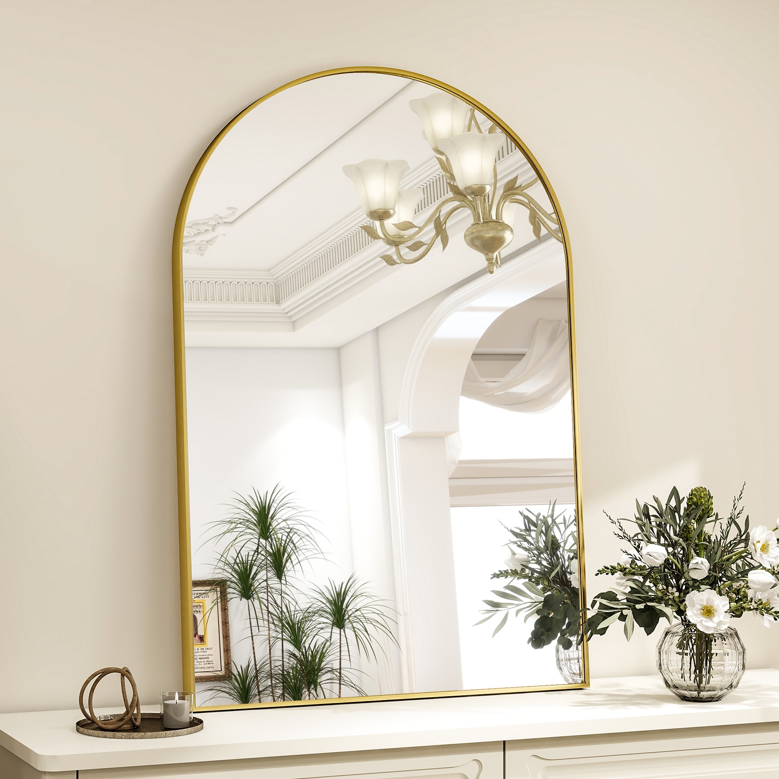 BEAUTYPEAK TJGZ2435G 24-Inches W x 35.0-Inches H Arch Gold Framed Wall Mirror