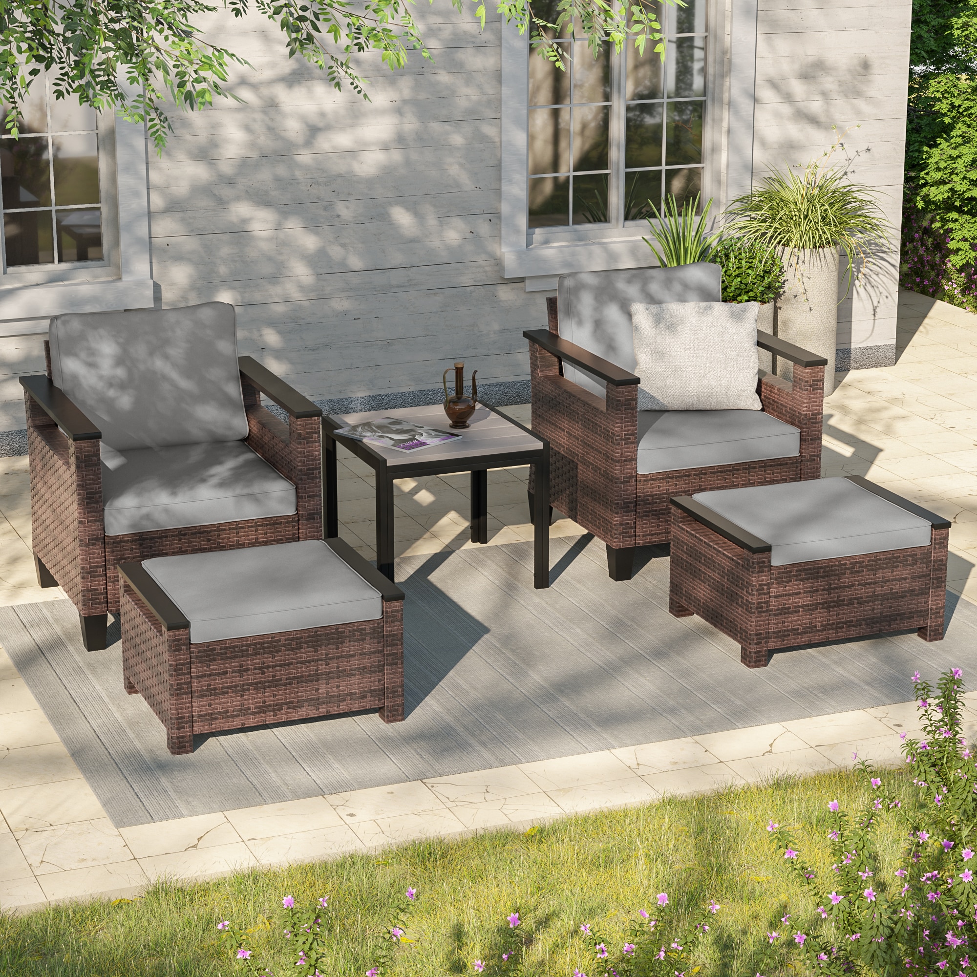Sonkuki SD-015GY-B 5 -Piece Rattan Patio Conversation Set with Gray Cushions