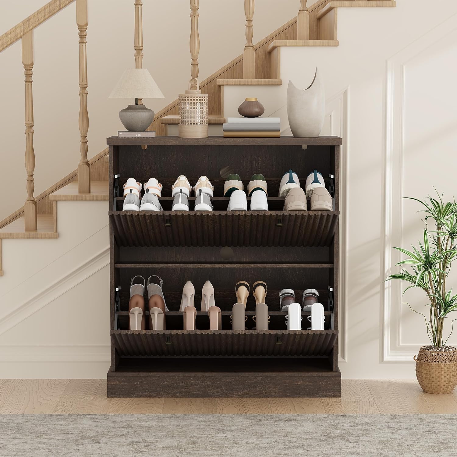 Garvee Fluted Shoe Cabinet with 2 Flip Drawers Narrow Cabinet with Adjustable Shelves and Elegant Handles Wooden Shoe Organizer for Entryway Hallway Living Room Walnut